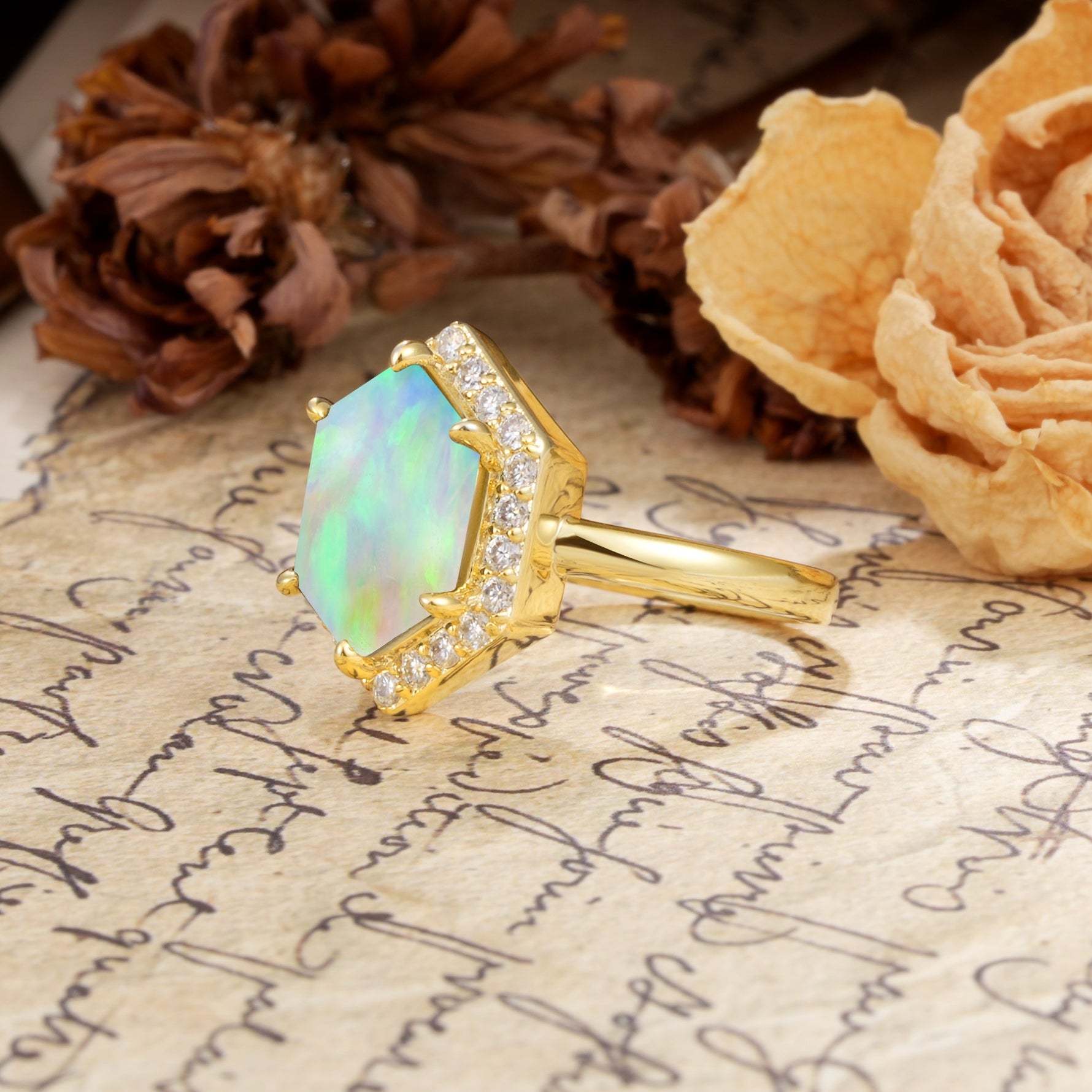 Luxurious Vintage 6-Prong Hexagonal Cut Fire Opal Engagement Ring - Additional view