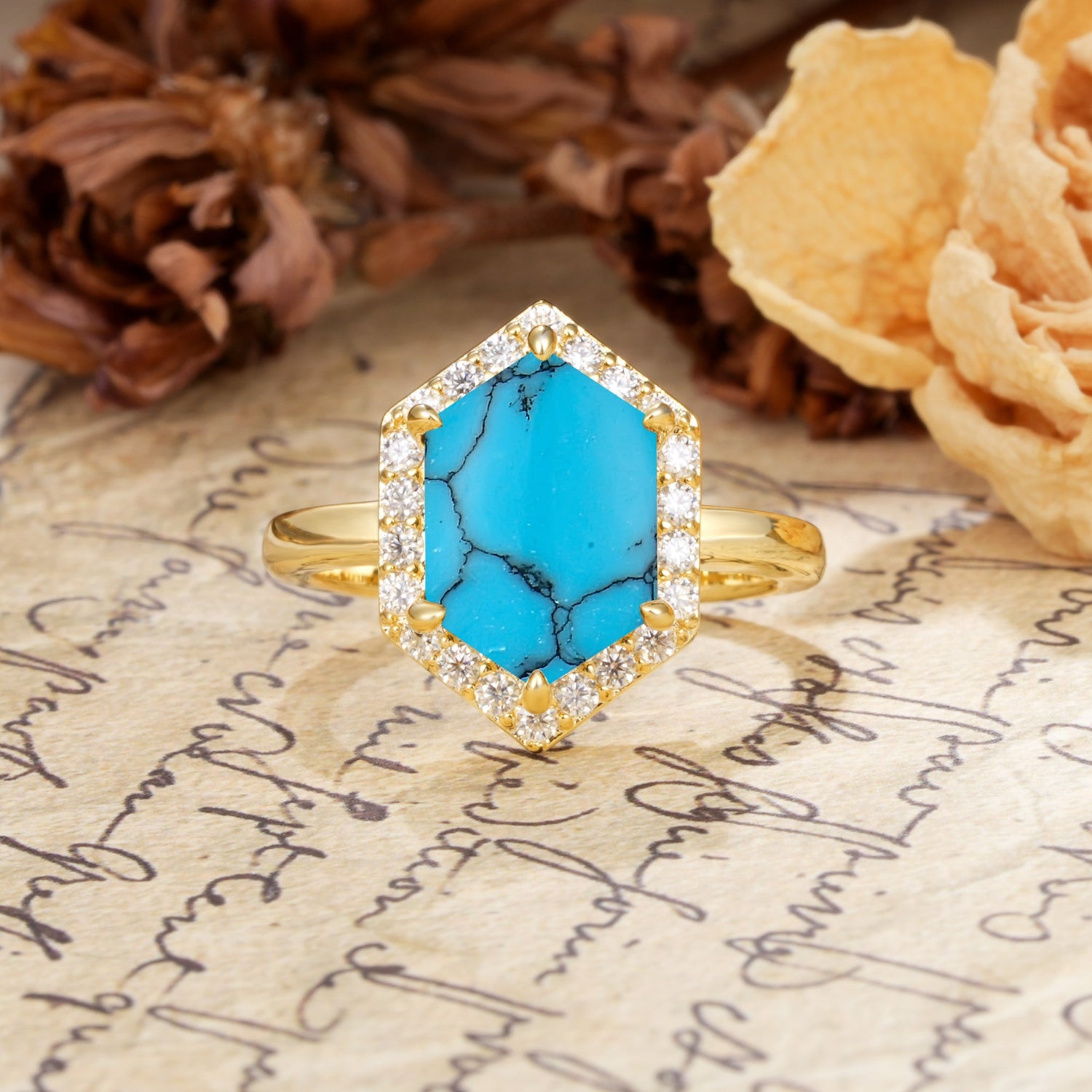 Luxurious Vintage 6-Prong Hexagonal Cut Turquoise Engagement Ring - Additional view