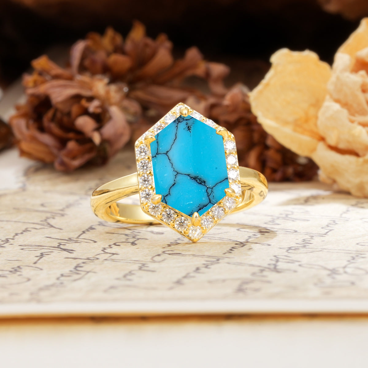 Luxurious Vintage 6-Prong Hexagonal Cut Turquoise Engagement Ring - Additional view