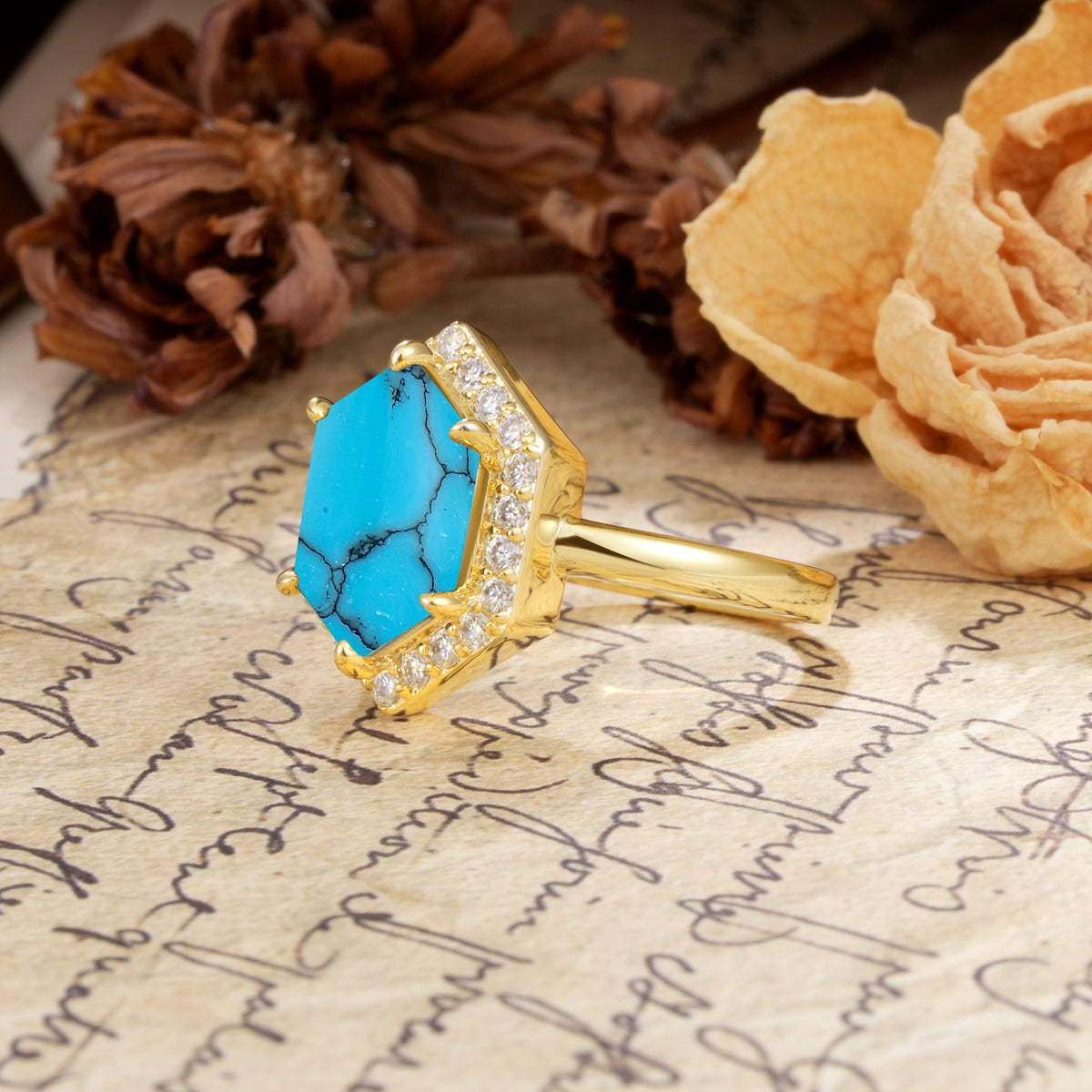 Luxurious Vintage 6-Prong Hexagonal Cut Turquoise Engagement Ring - Additional view