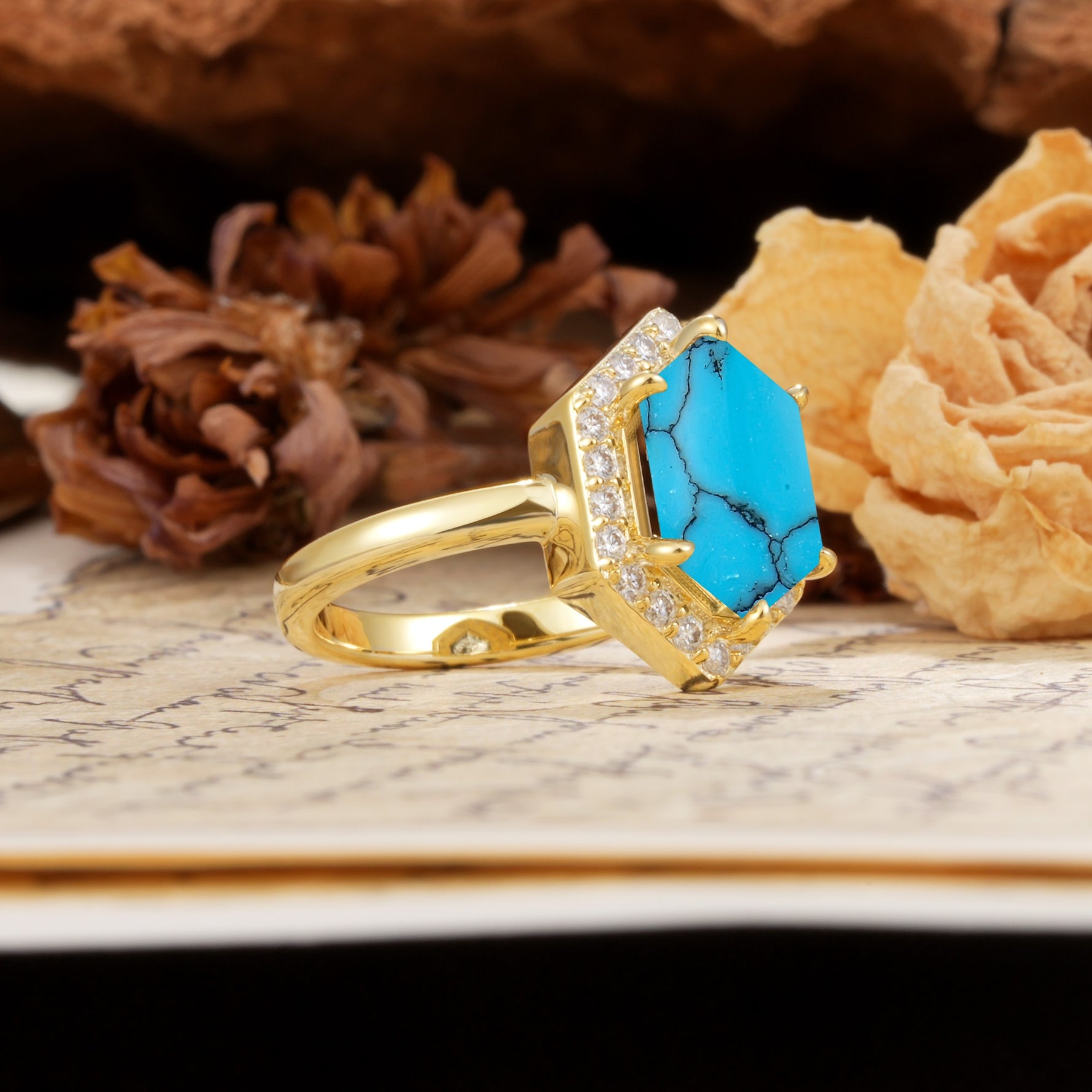 Luxurious Vintage 6-Prong Hexagonal Cut Turquoise Engagement Ring - Additional view