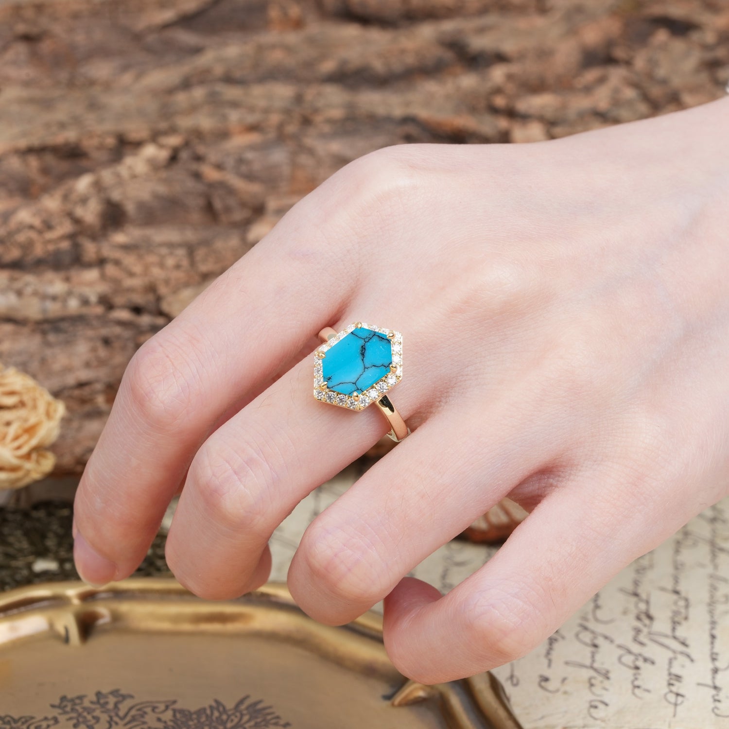Luxurious Vintage 6-Prong Hexagonal Cut Turquoise Engagement Ring - Additional view
