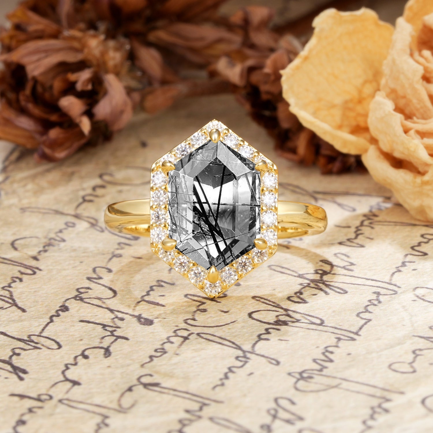 Luxurious Vintage 6-Prong Hexagonal Cut Black Rutilated Quartz Engagement Ring - Additional view