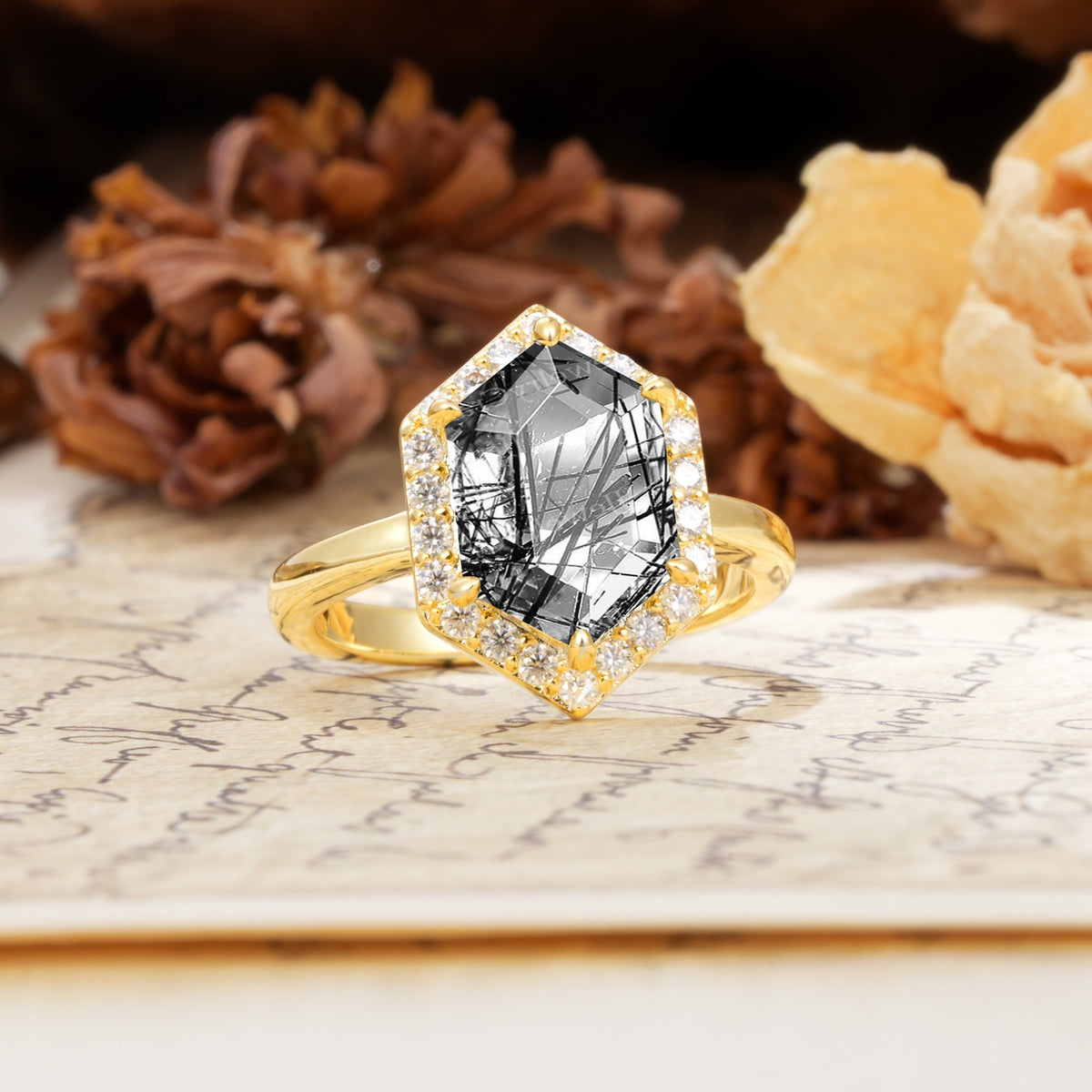 Luxurious Vintage 6-Prong Hexagonal Cut Black Rutilated Quartz Engagement Ring - Additional view