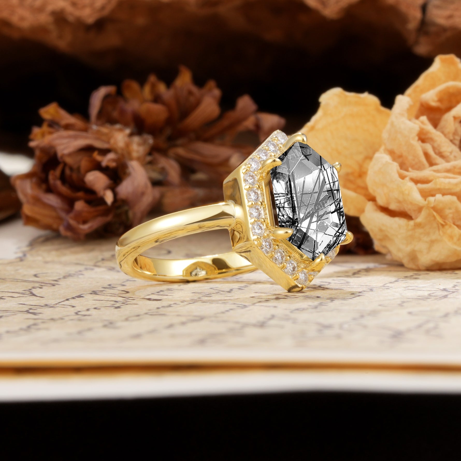 Luxurious Vintage 6-Prong Hexagonal Cut Black Rutilated Quartz Engagement Ring - Additional view