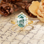 Luxurious Vintage 6-Prong Hexagonal Cut Moss Agate Engagement Ring - Additional view