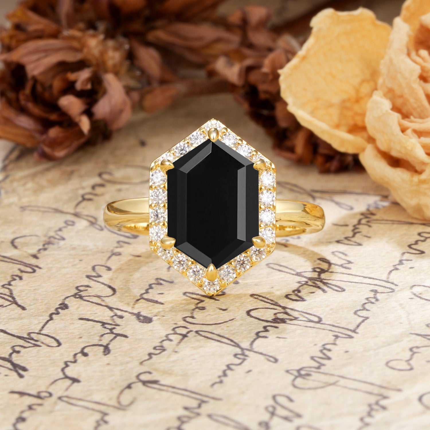 Luxurious Vintage 6-Prong Hexagonal Cut Black Onyx Engagement Ring - Additional view
