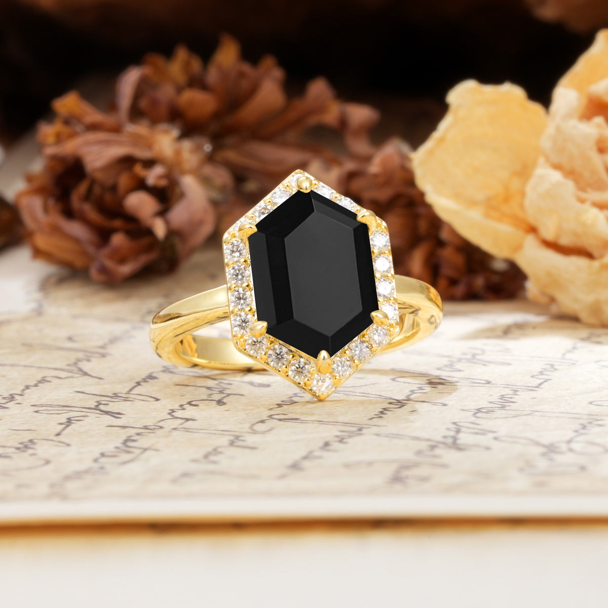 Luxurious Vintage 6-Prong Hexagonal Cut Black Onyx Engagement Ring - Additional view