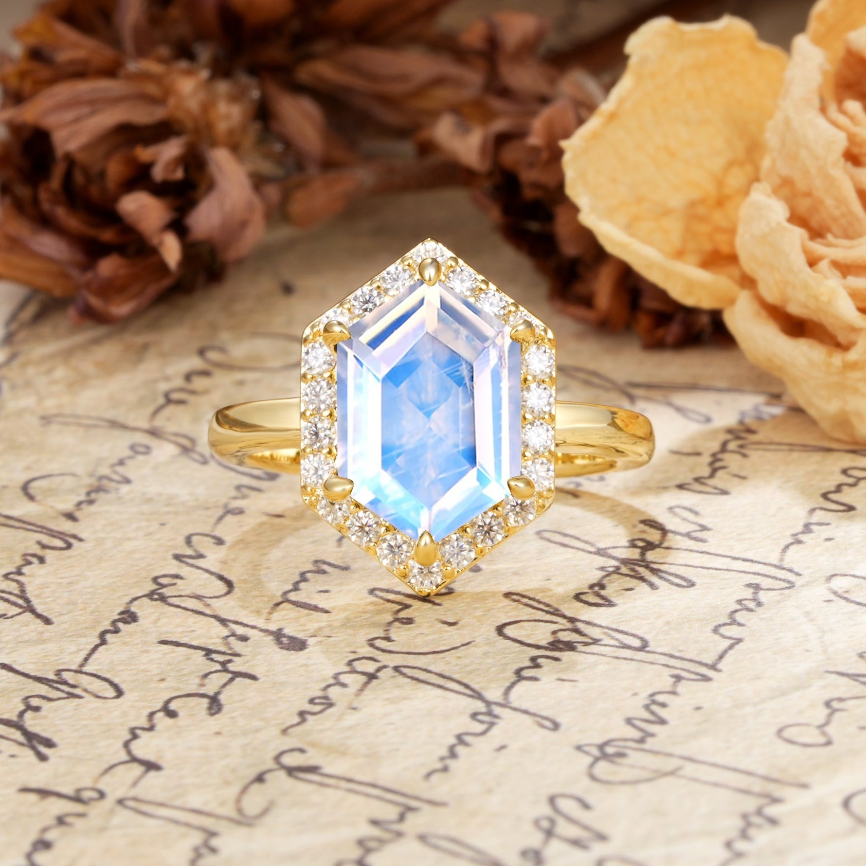 Luxurious Vintage 6-Prong Hexagonal Cut Moonstone Engagement Ring - Additional view