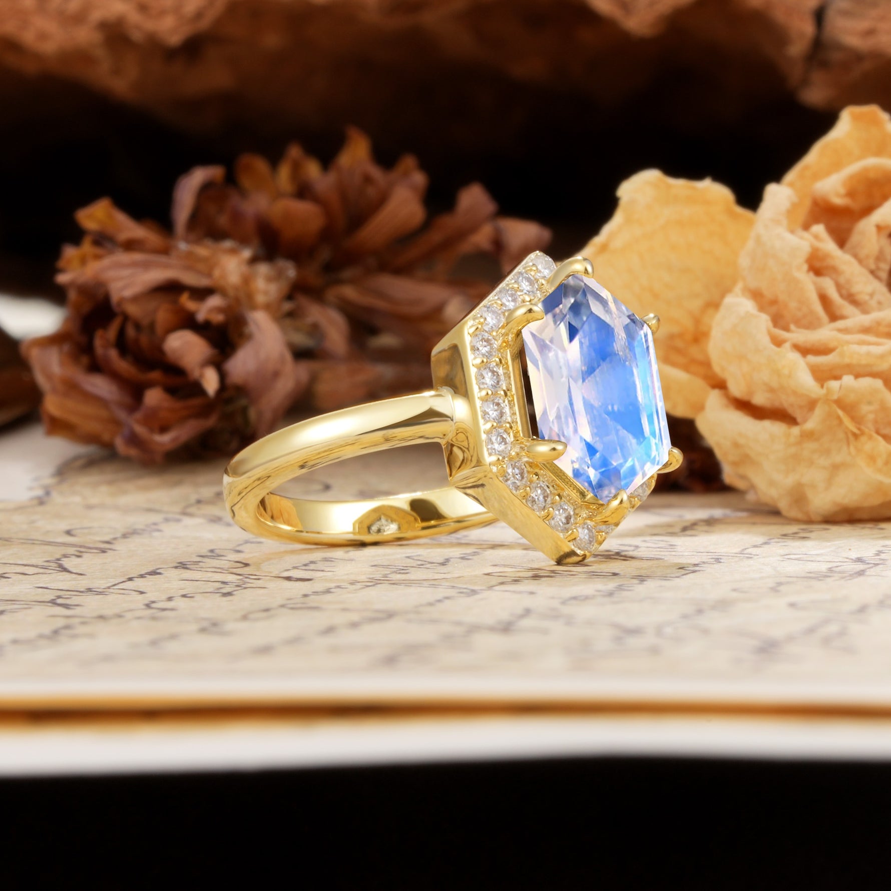 Luxurious Vintage 6-Prong Hexagonal Cut Moonstone Engagement Ring - Additional view