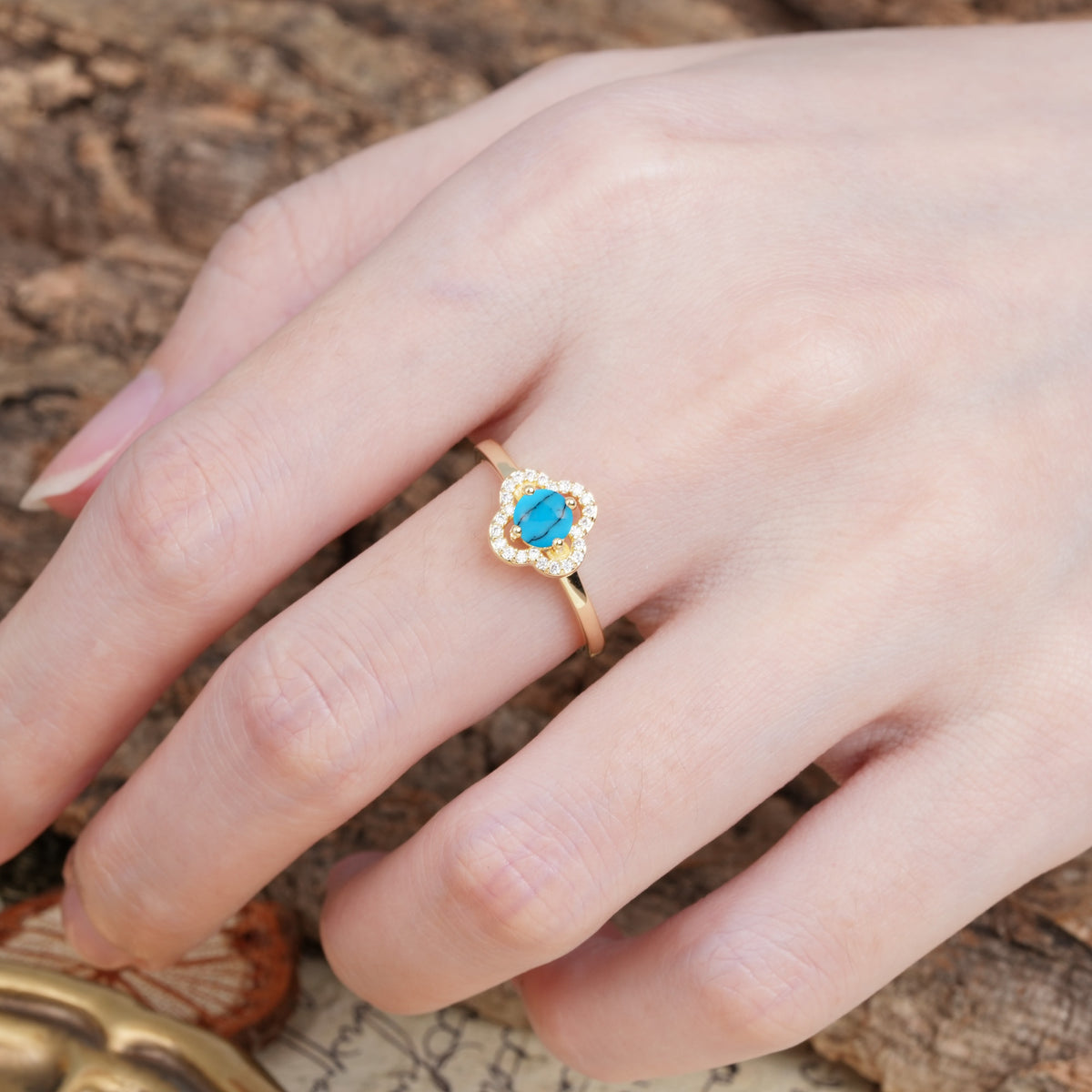Affordable Luxury Vintage-Style 4-Prong Round Cut Floral Turquoise Engagement Ring - Additional view