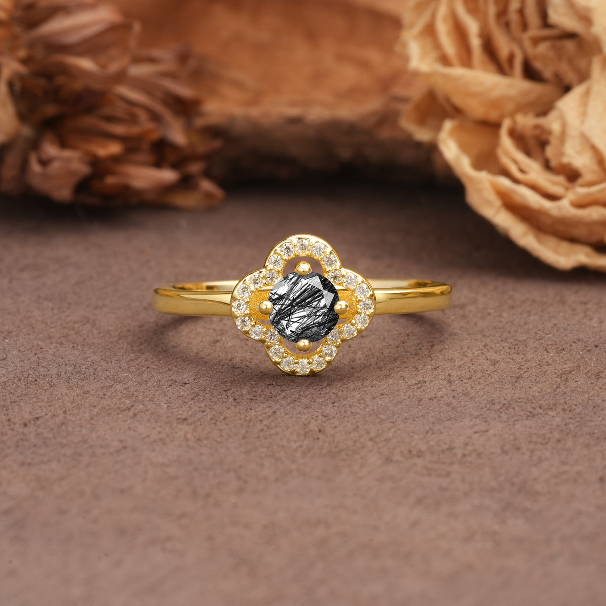 Affordable Luxury Vintage-Style 4-Prong Round Cut Floral Black Rutilated Quartz Engagement Ring - Additional view