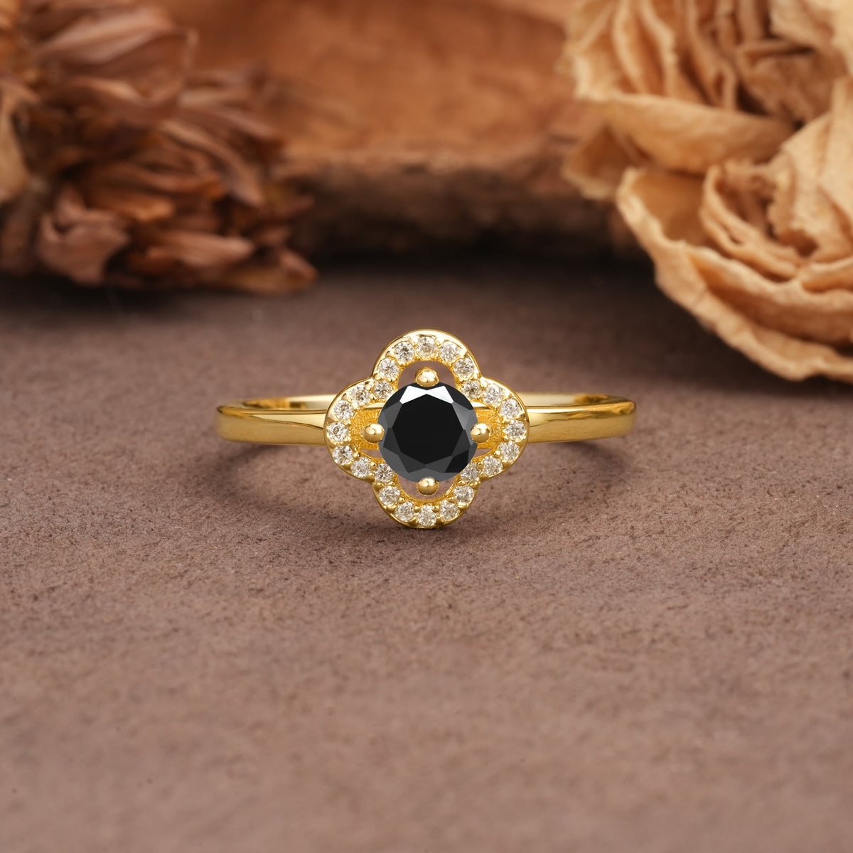 Affordable Luxury Vintage-Style 4-Prong Round Cut Floral Black Onyx Engagement Ring - Additional view