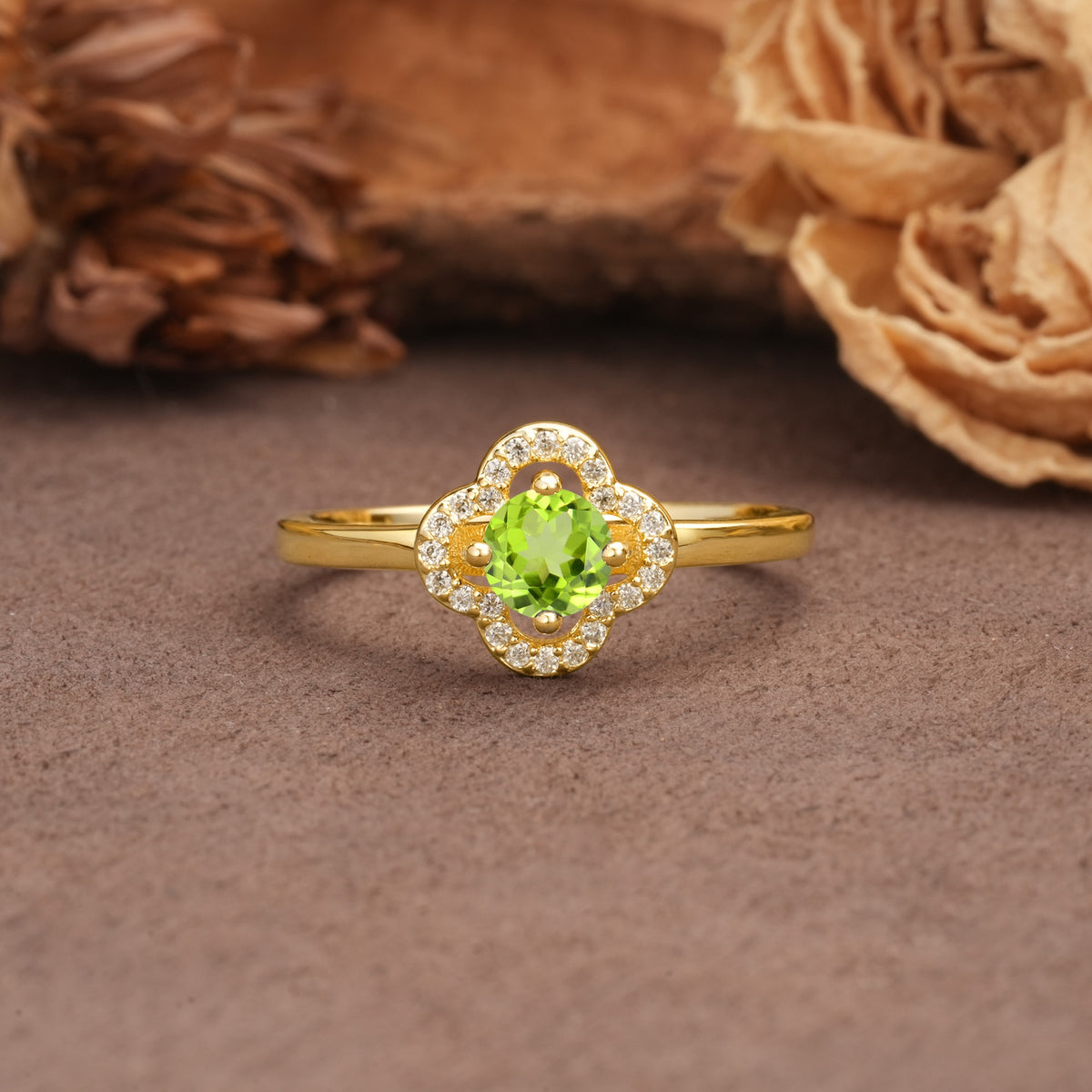 Affordable Luxury Vintage-Style 4-Prong Round Cut Floral Peridot Engagement Ring - Additional view