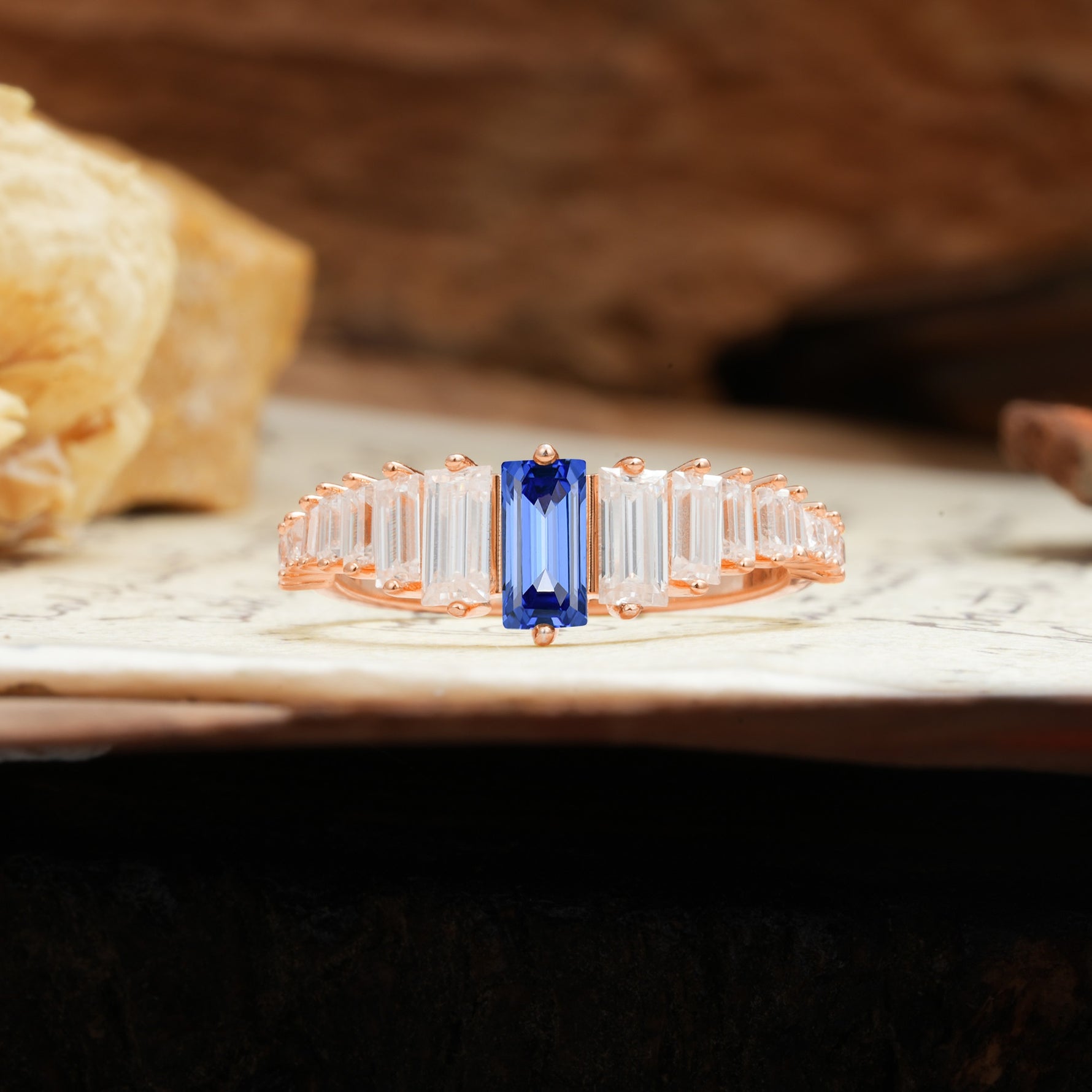 Luxurious Vintage 2-Prong Emerald Cut Sapphire Wedding Ring - Additional view