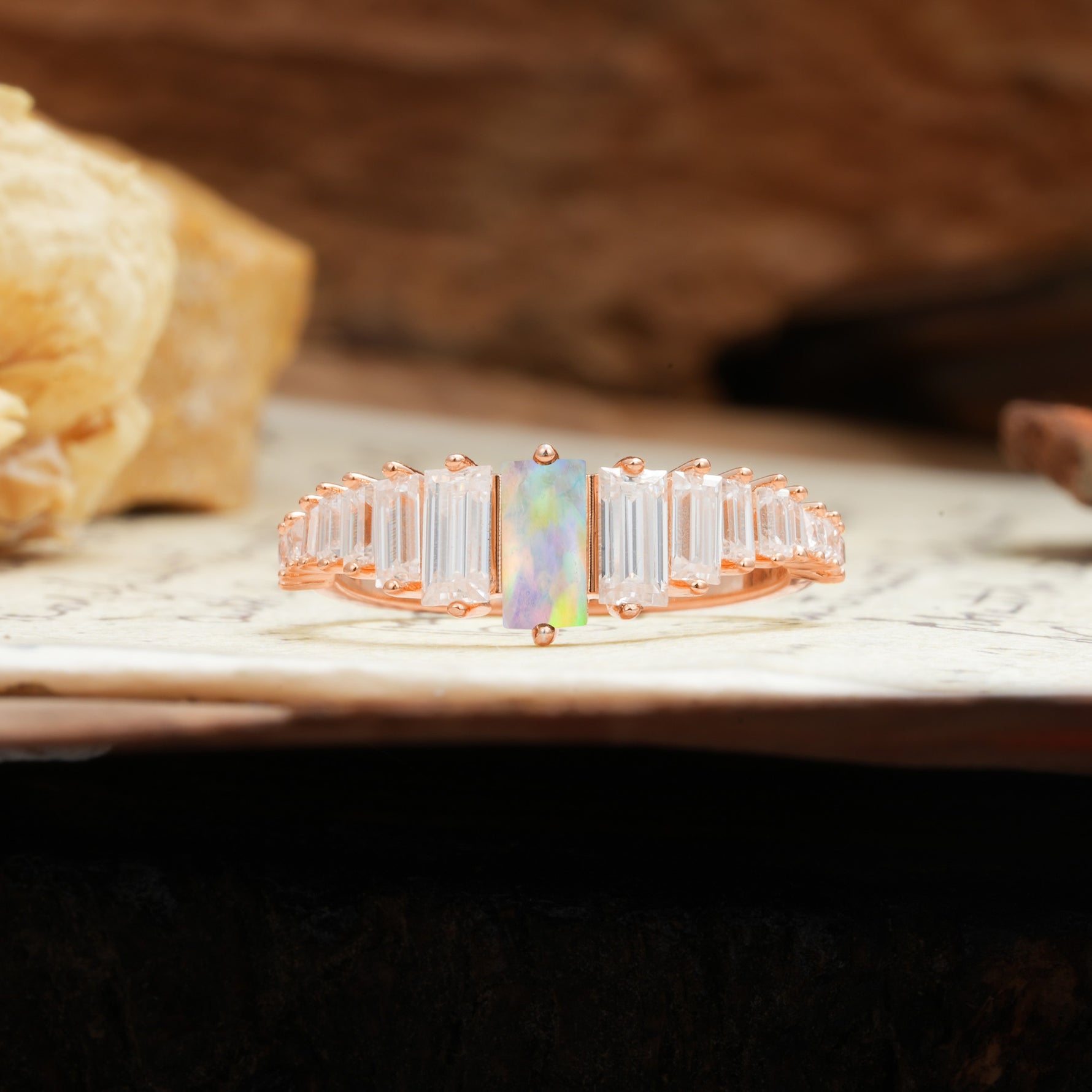 Luxurious Vintage 2-Prong Emerald Cut Fire Opal Wedding Ring - Additional view
