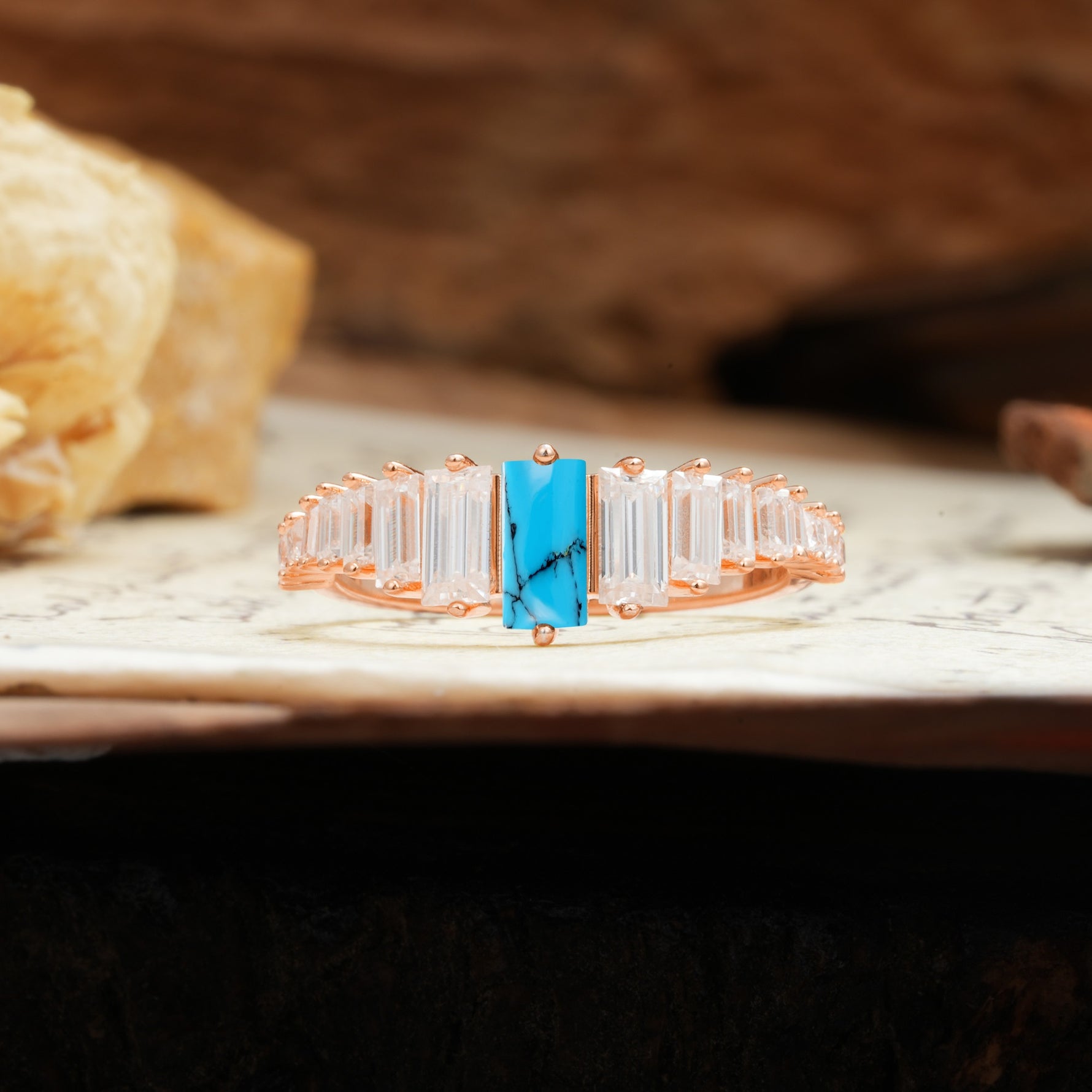 Luxurious Vintage 2-Prong Emerald Cut Turquoise Wedding Ring - Additional view