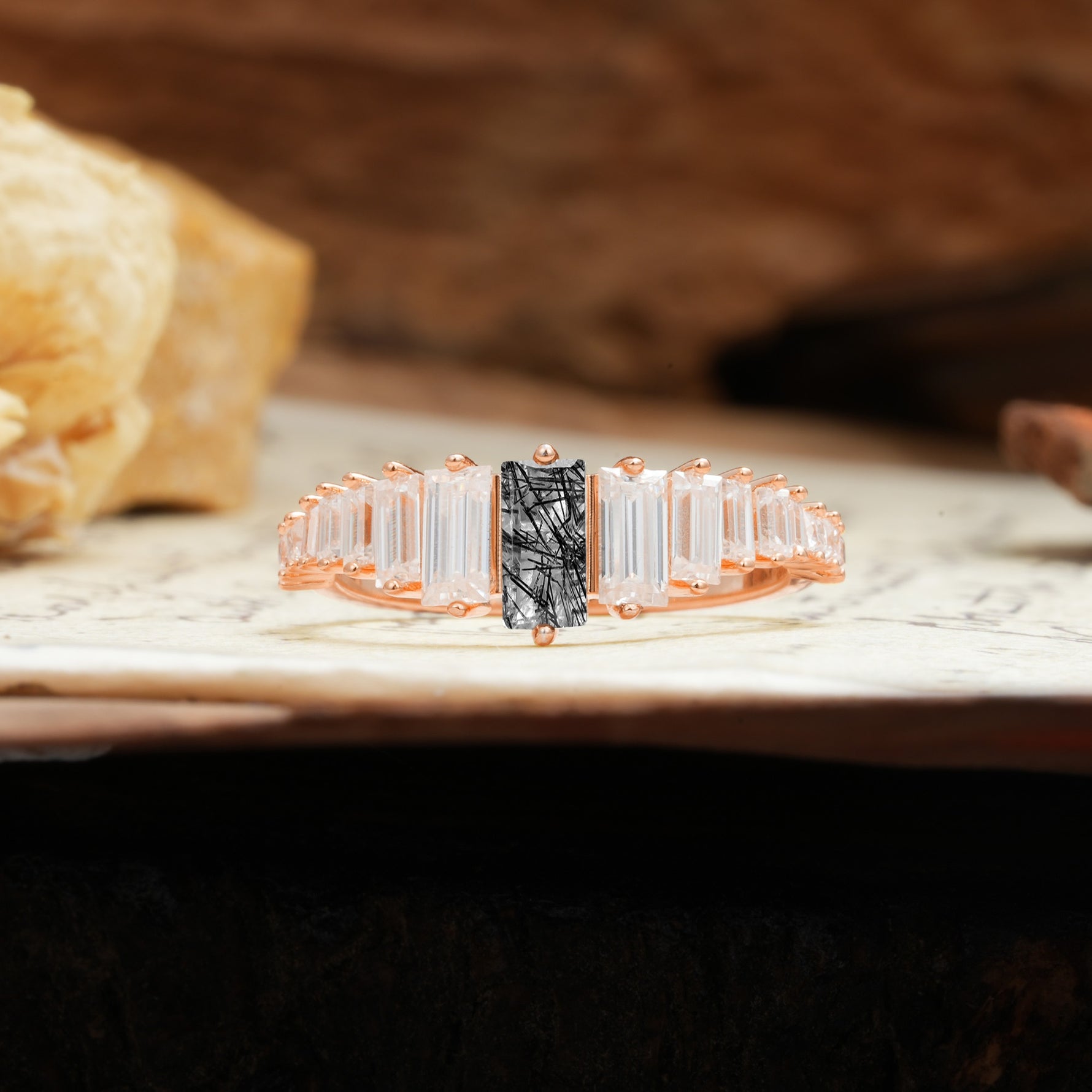 Luxurious Vintage 2-Prong Emerald Cut Black Rutilated Quartz Wedding Ring - Additional view
