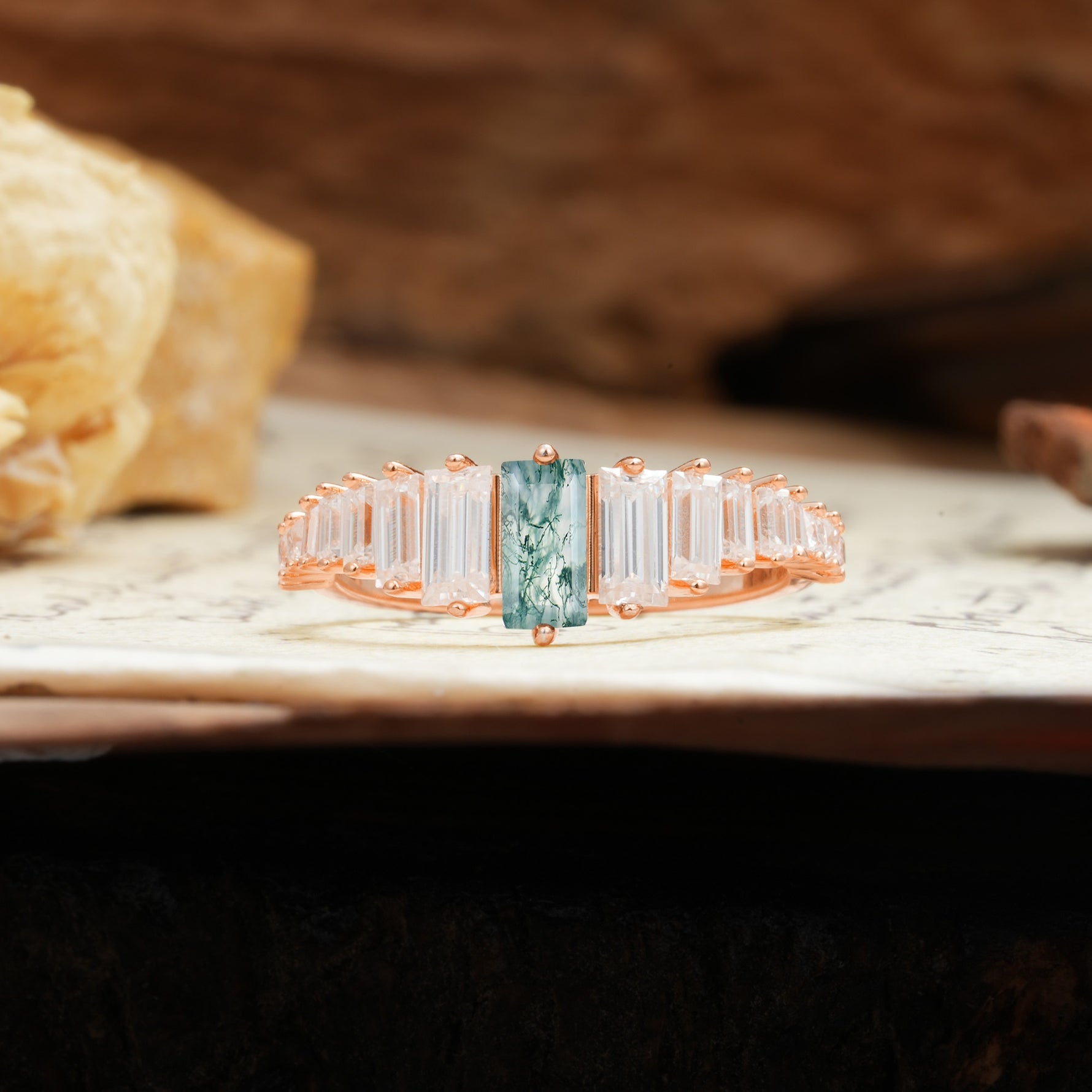 Luxurious Vintage 2-Prong Emerald Cut Moss Agate Wedding Ring - Additional view