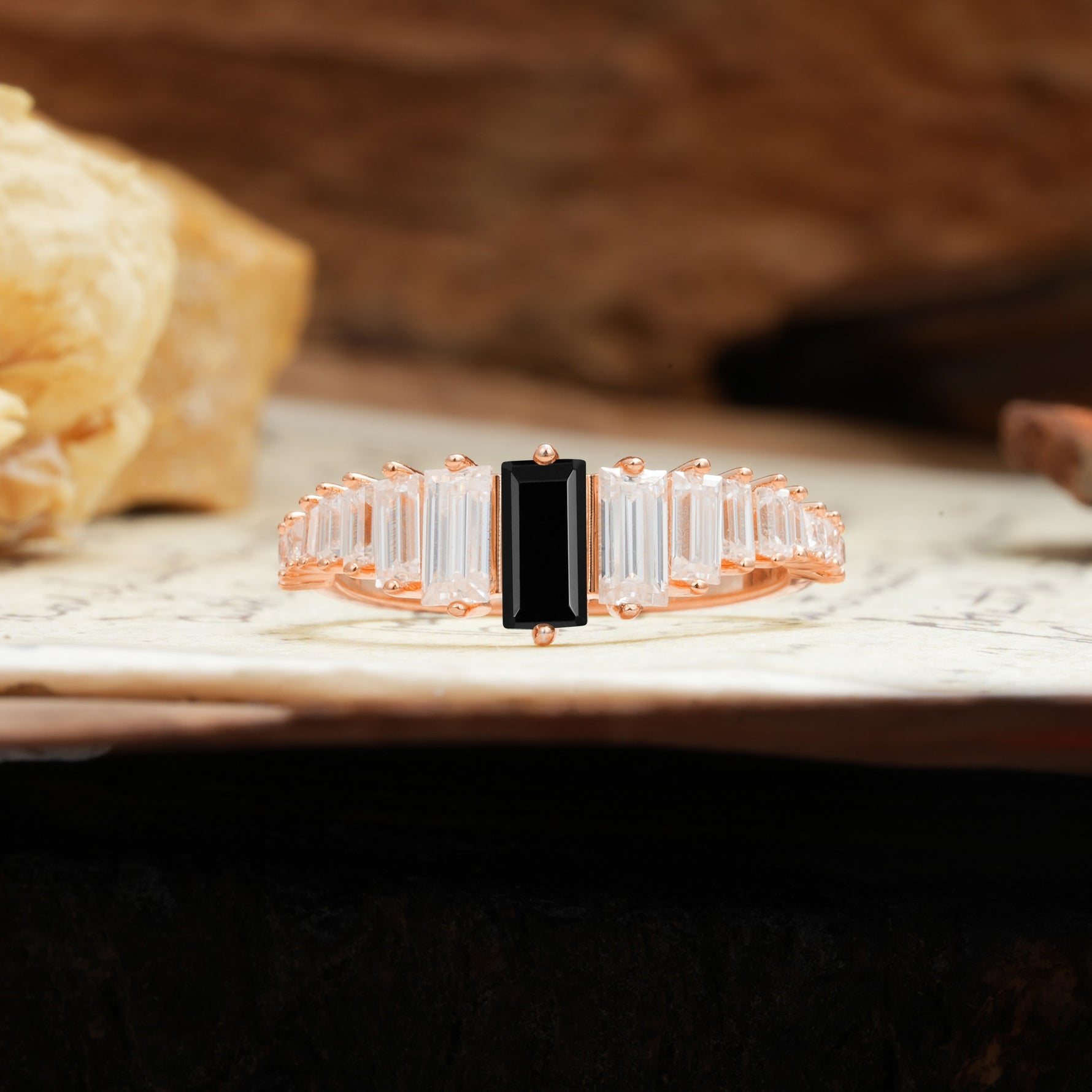Luxurious Vintage 2-Prong Emerald Cut Black Onyx Wedding Ring - Additional view