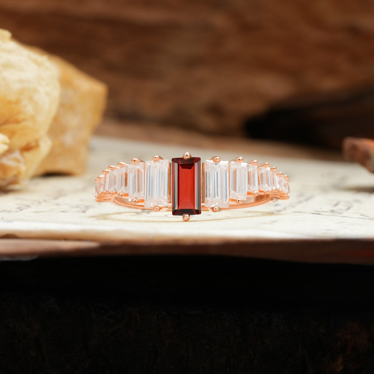 Luxurious Vintage 2-Prong Emerald Cut Garnet Wedding Ring - Additional view