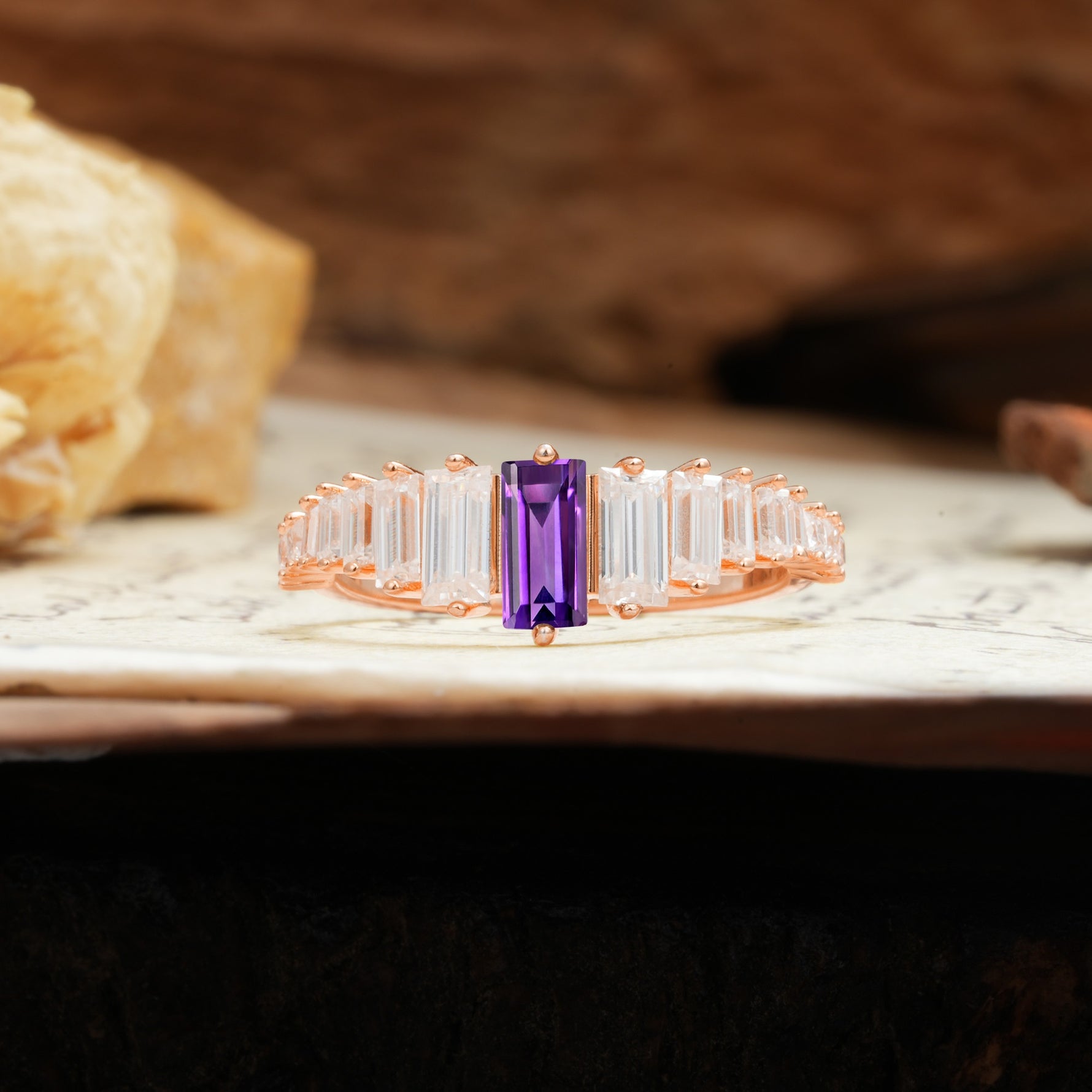 Luxurious Vintage 2-Prong Emerald Cut Amethyst Wedding Ring - Additional view