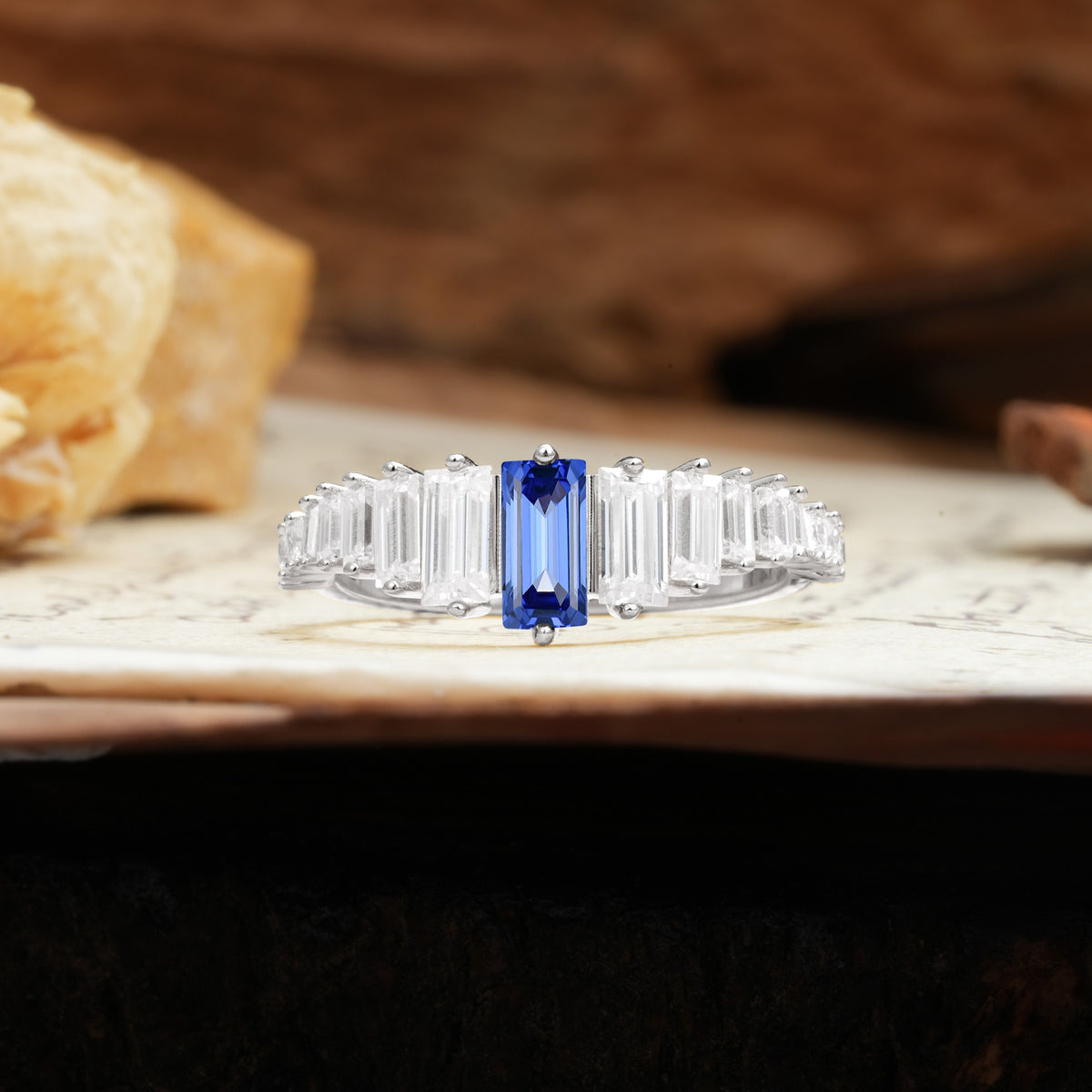 Luxurious Vintage 2-Prong Emerald Cut Sapphire Wedding Ring - Additional view