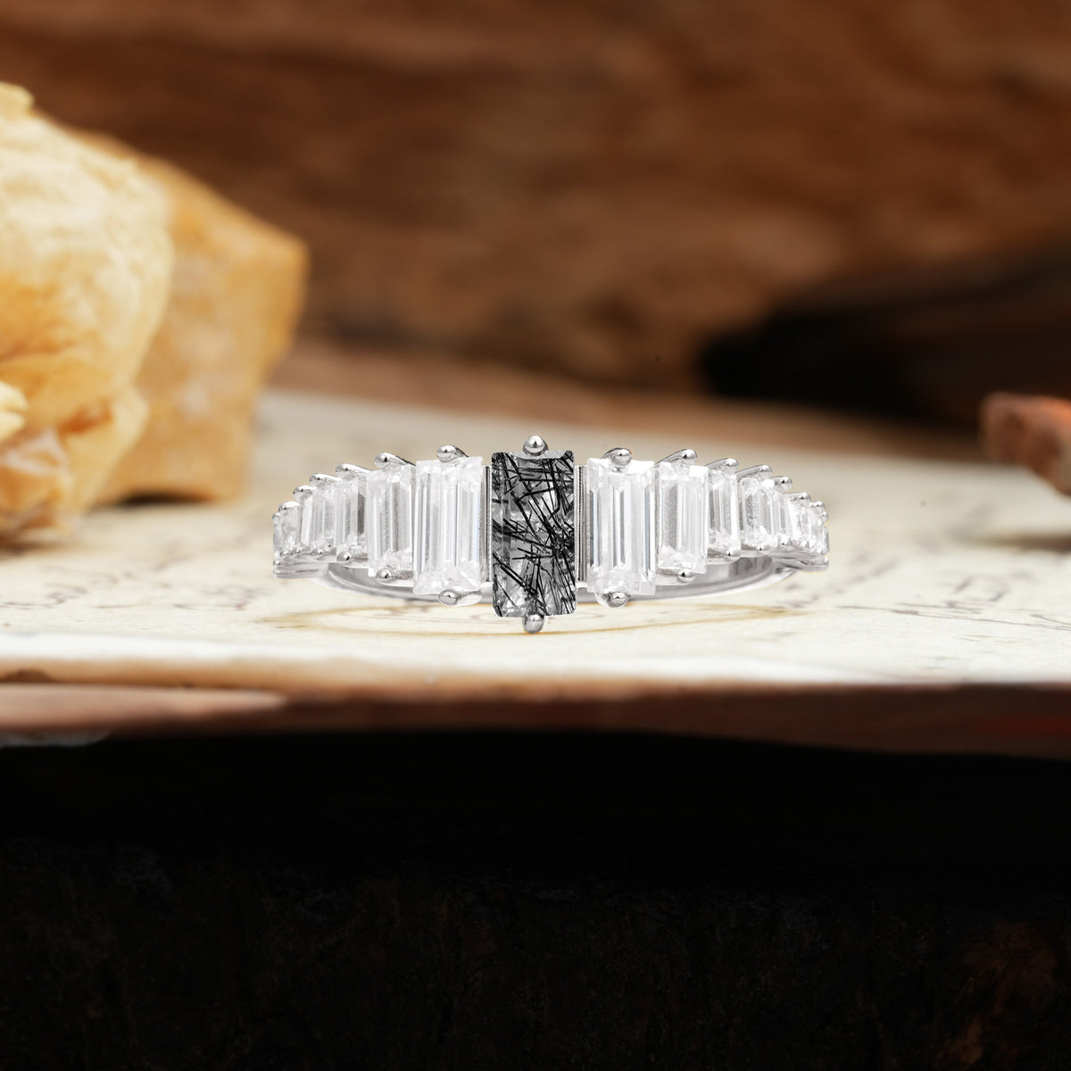 Luxurious Vintage 2-Prong Emerald Cut Black Rutilated Quartz Wedding Ring - Additional view