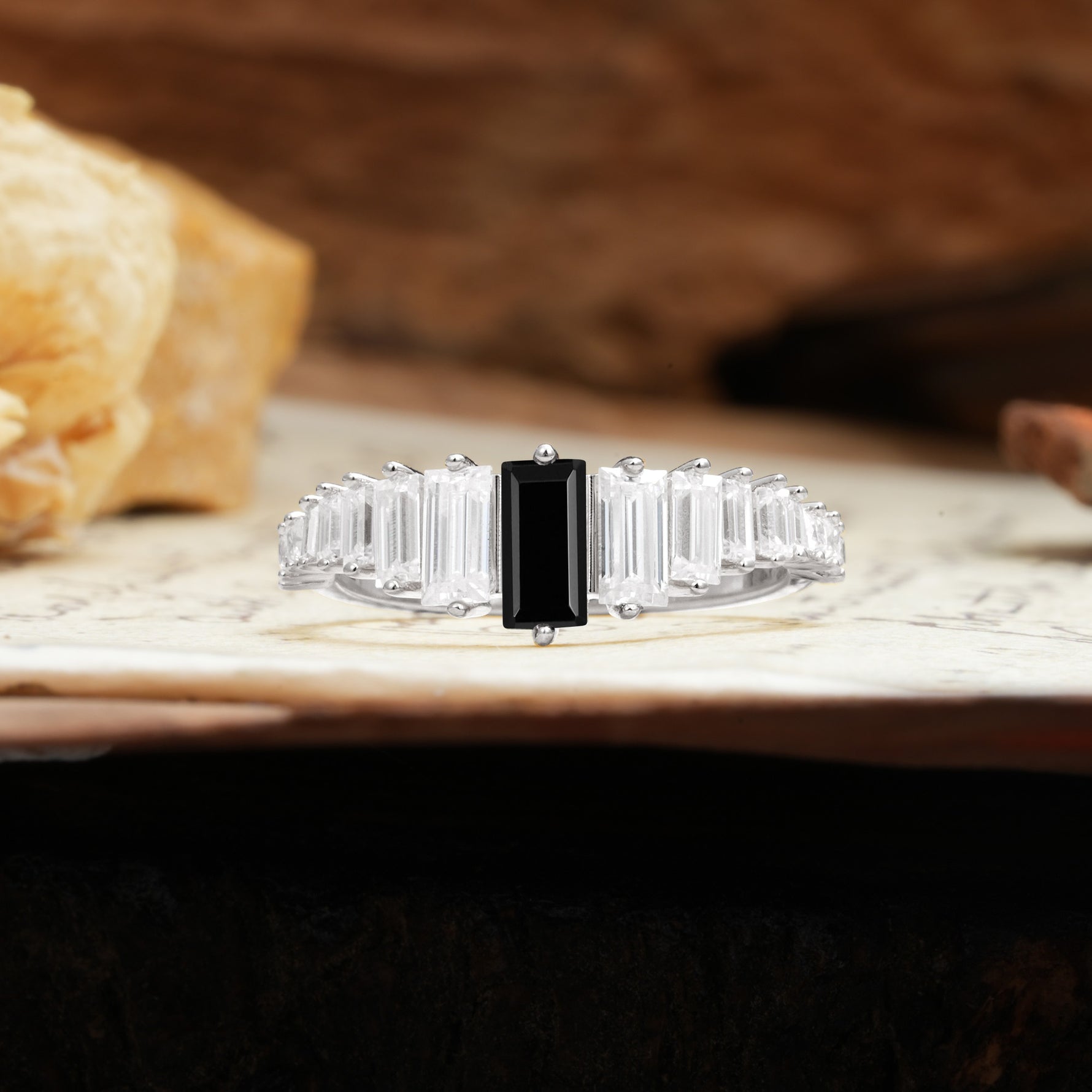 Luxurious Vintage 2-Prong Emerald Cut Black Onyx Wedding Ring - Additional view