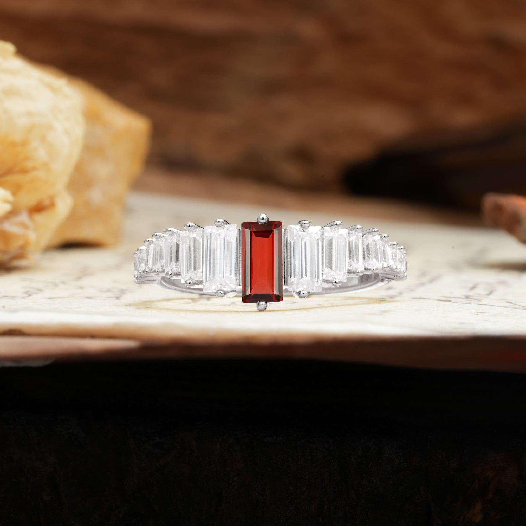 Luxurious Vintage 2-Prong Emerald Cut Garnet Wedding Ring - Additional view