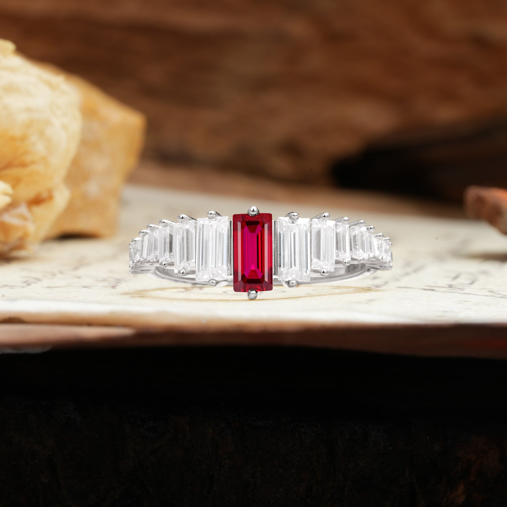 Luxurious Vintage 2-Prong Emerald Cut Ruby Wedding Ring - Additional view