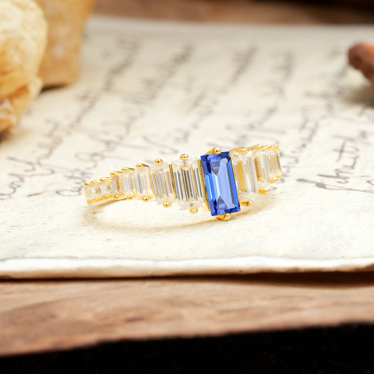 Luxurious Vintage 2-Prong Emerald Cut Sapphire Wedding Ring - Additional view