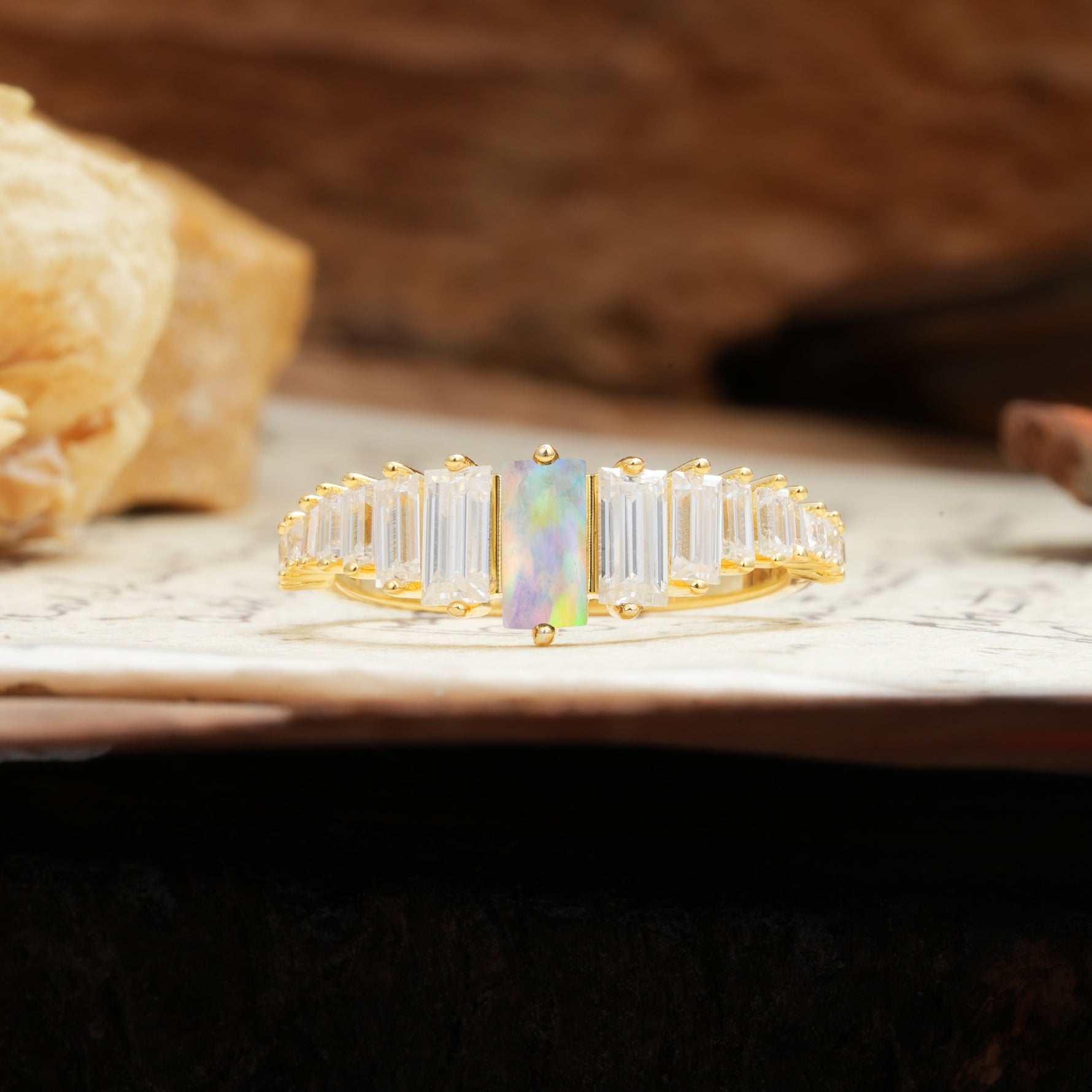 Luxurious Vintage 2-Prong Emerald Cut Fire Opal Wedding Ring - Additional view