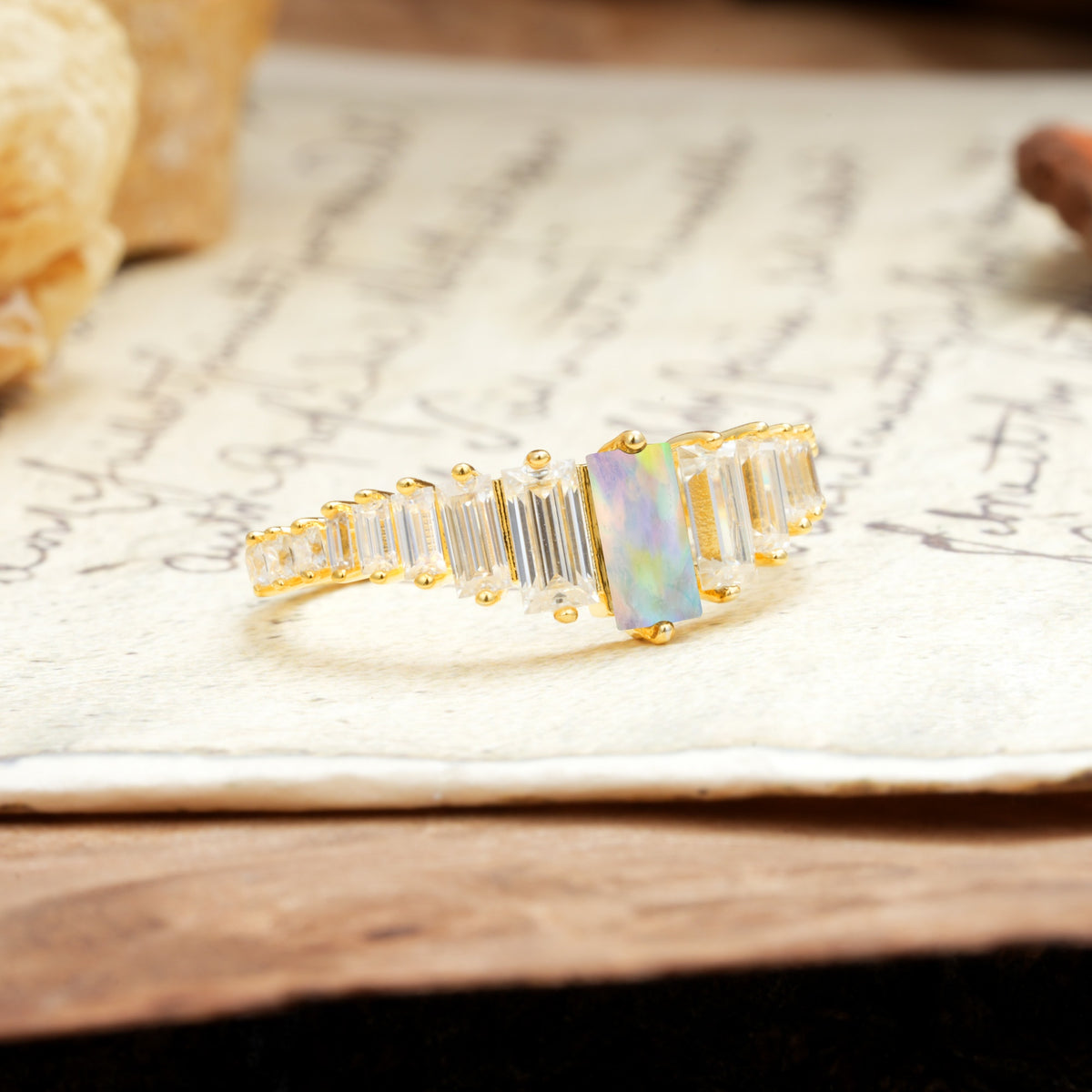 Luxurious Vintage 2-Prong Emerald Cut Fire Opal Wedding Ring - Additional view