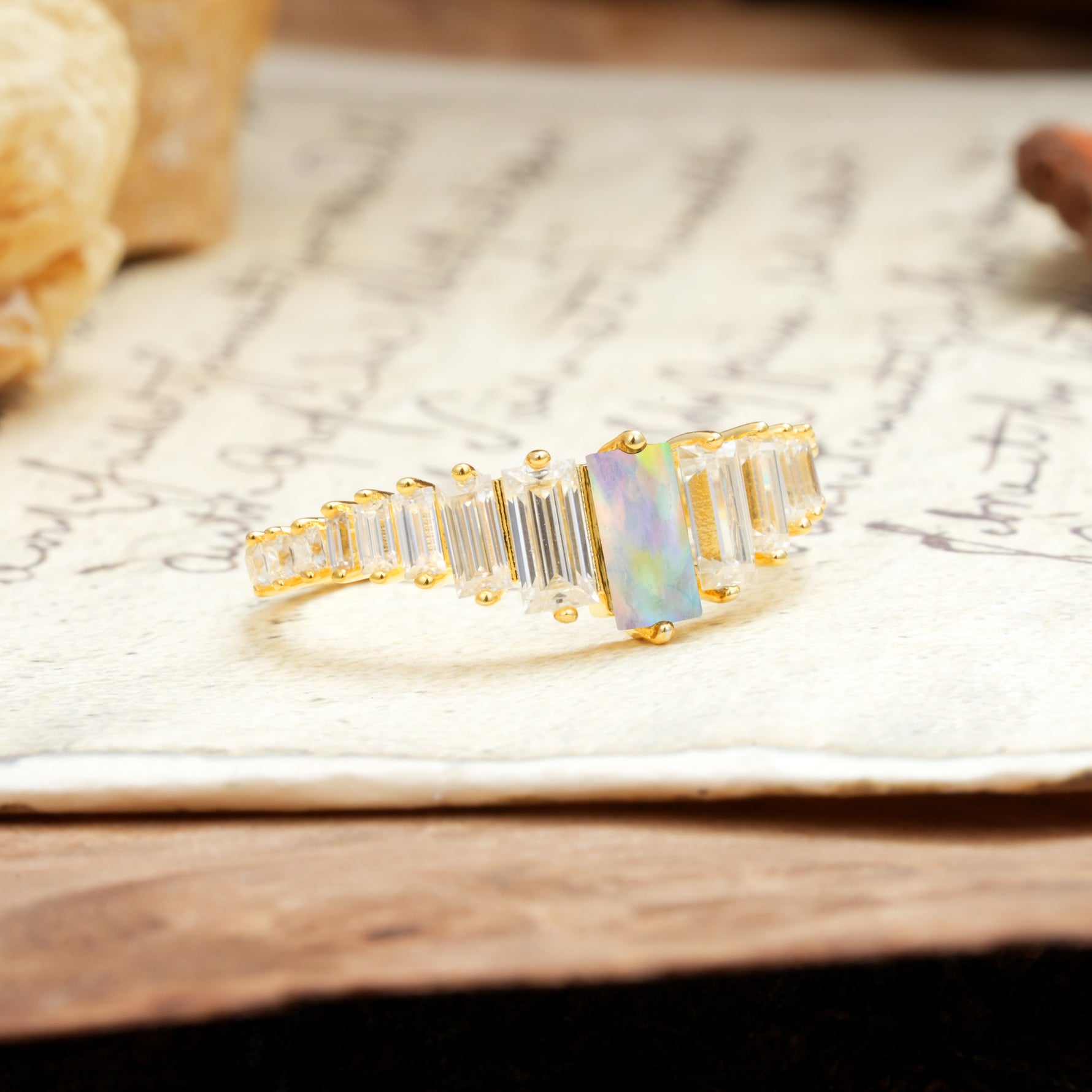 Luxurious Vintage 2-Prong Emerald Cut Fire Opal Wedding Ring - Additional view