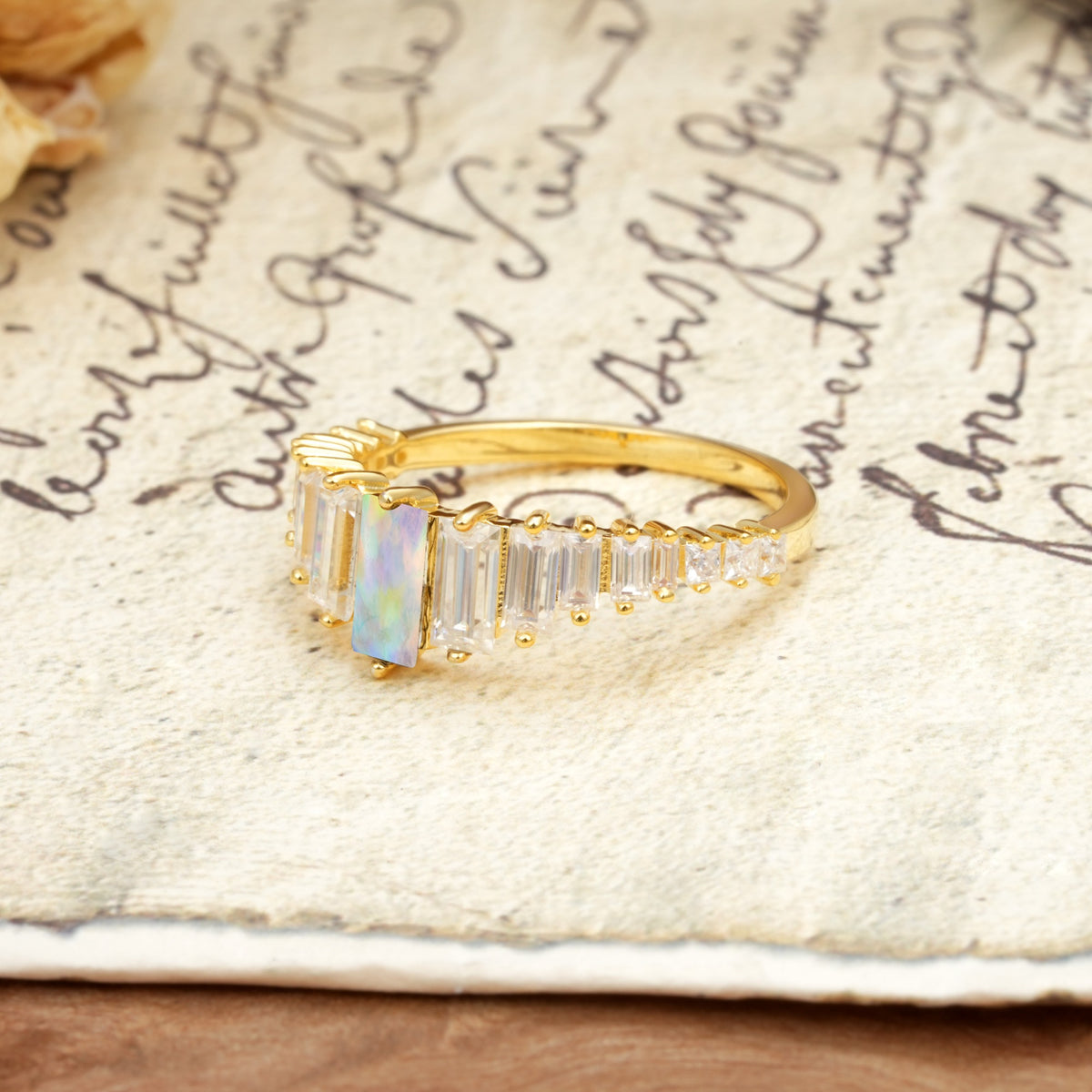 Luxurious Vintage 2-Prong Emerald Cut Fire Opal Wedding Ring - Additional view