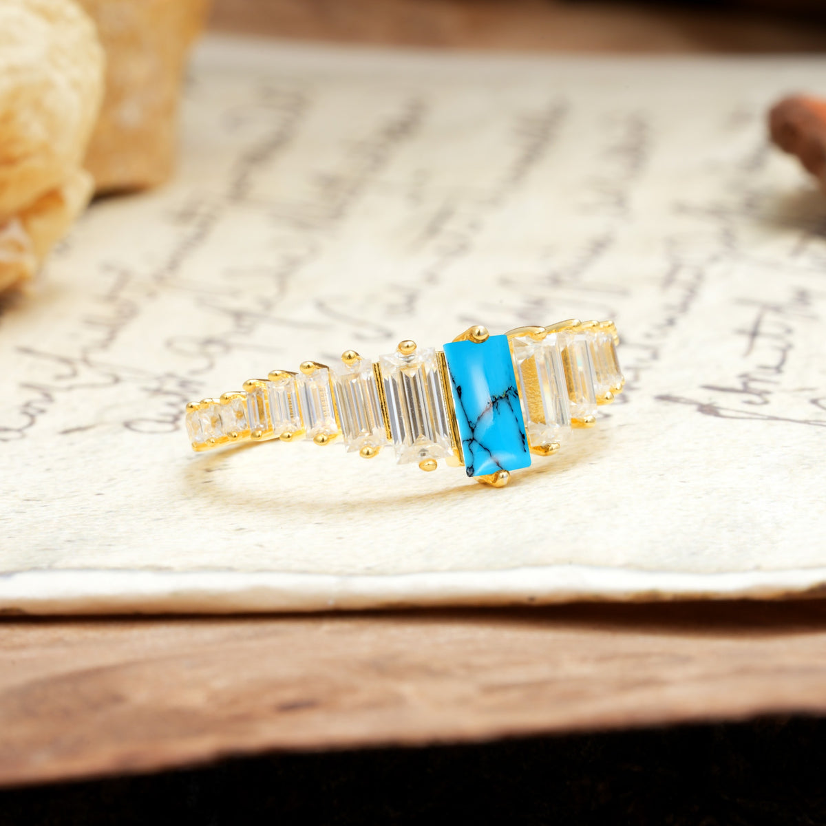 Luxurious Vintage 2-Prong Emerald Cut Turquoise Wedding Ring - Additional view