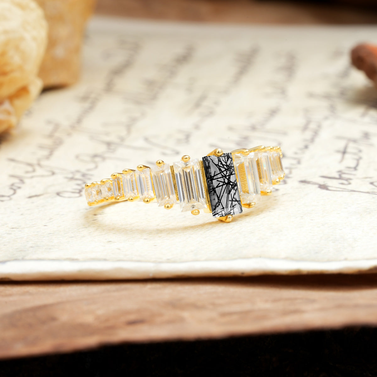 Luxurious Vintage 2-Prong Emerald Cut Black Rutilated Quartz Wedding Ring - Additional view
