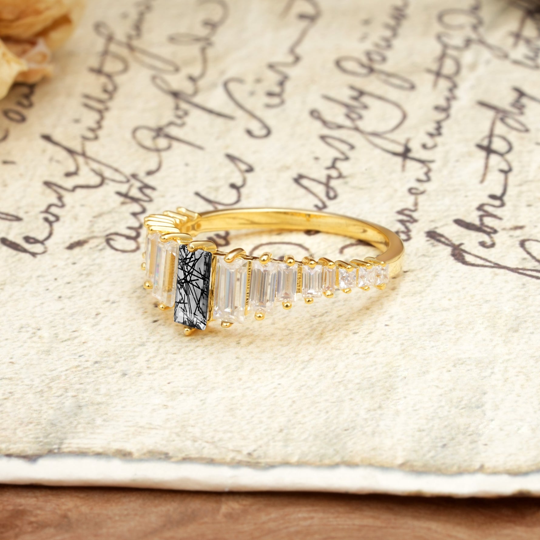 Luxurious Vintage 2-Prong Emerald Cut Black Rutilated Quartz Wedding Ring - Additional view