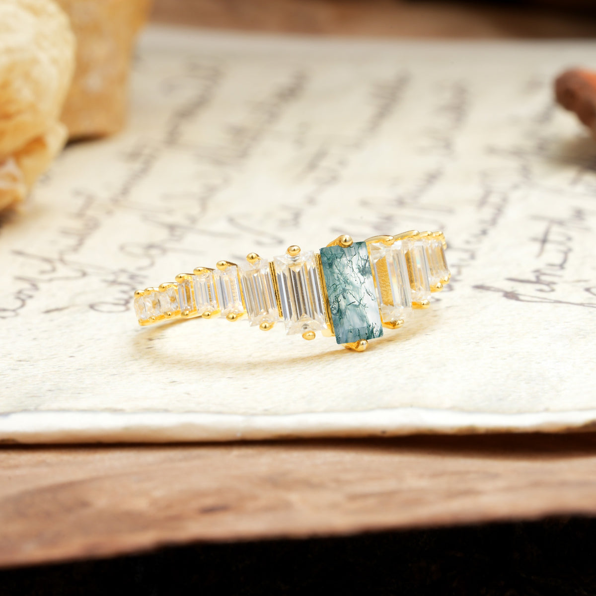 Luxurious Vintage 2-Prong Emerald Cut Moss Agate Wedding Ring - Additional view