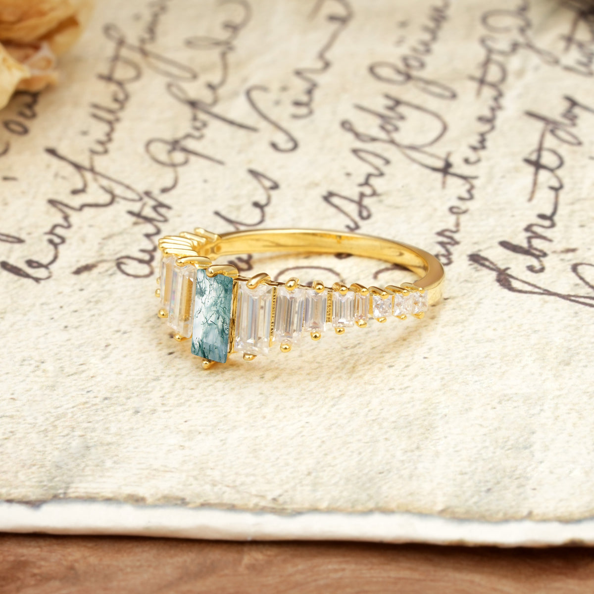 Luxurious Vintage 2-Prong Emerald Cut Moss Agate Wedding Ring - Additional view