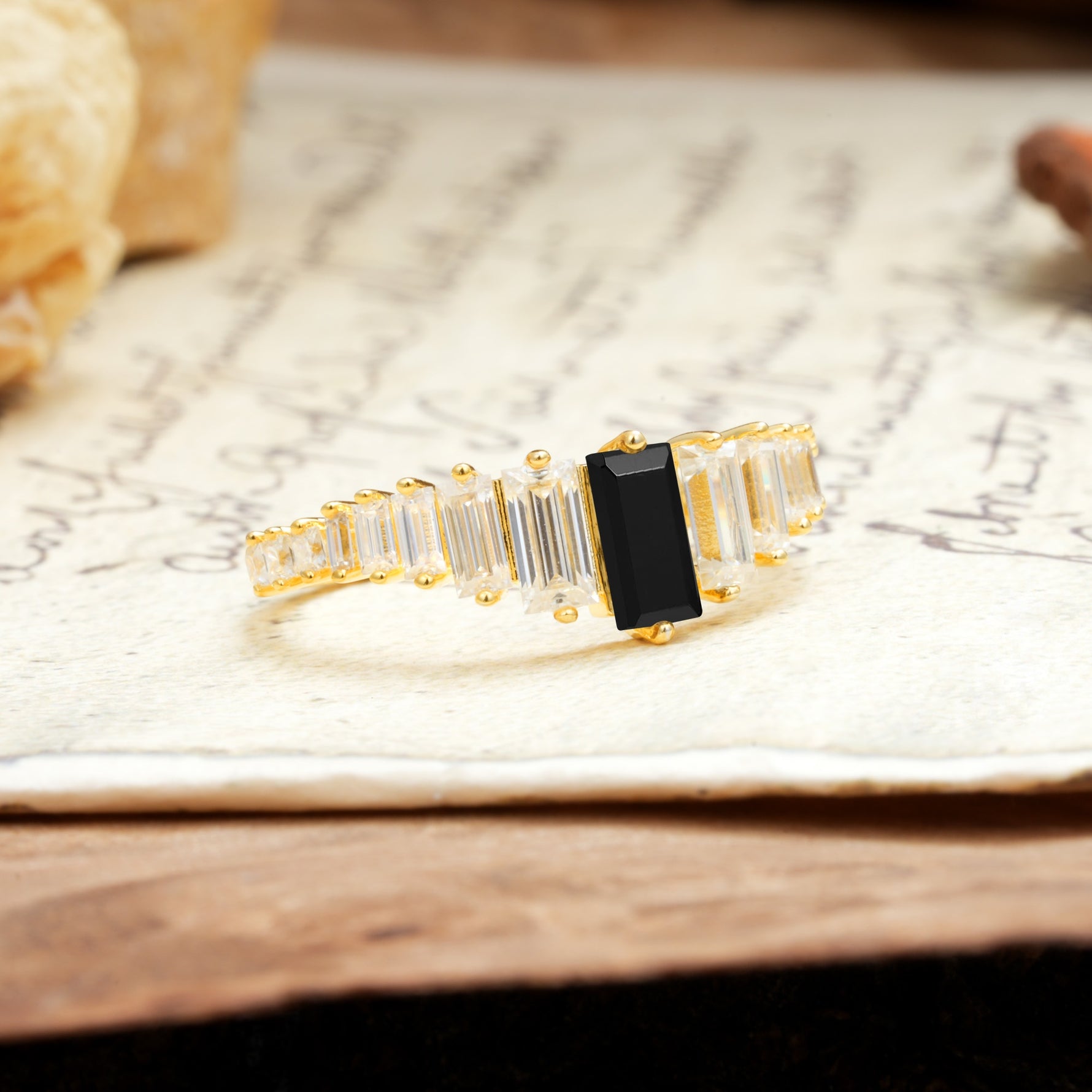 Luxurious Vintage 2-Prong Emerald Cut Black Onyx Wedding Ring - Additional view