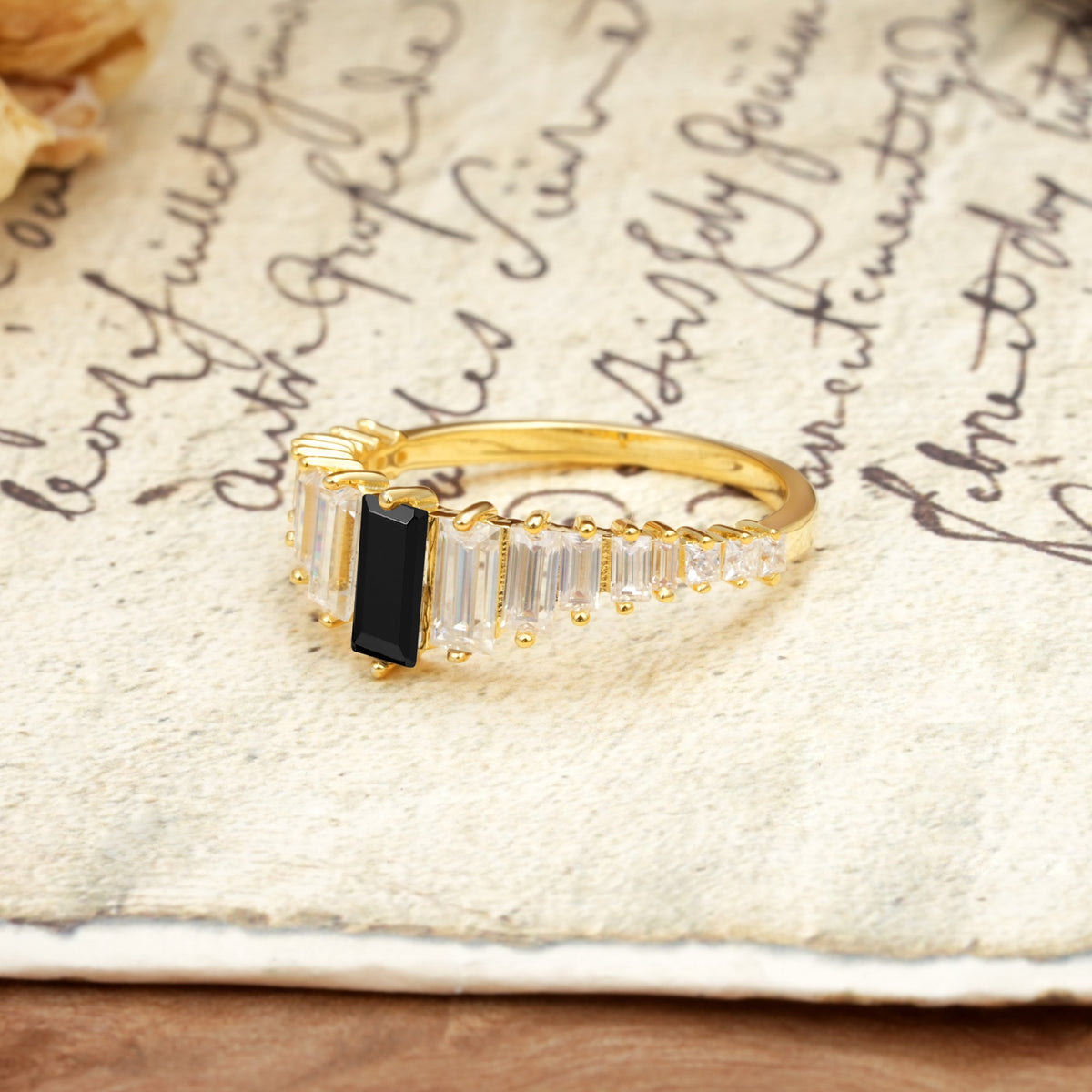 Luxurious Vintage 2-Prong Emerald Cut Black Onyx Wedding Ring - Additional view
