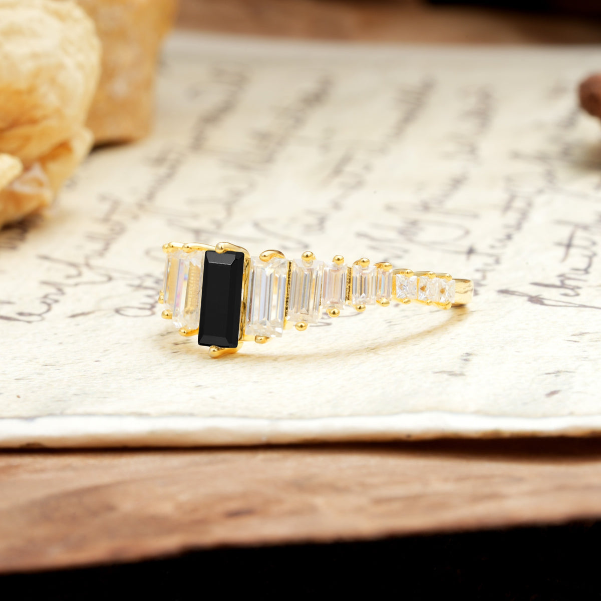 Luxurious Vintage 2-Prong Emerald Cut Black Onyx Wedding Ring - Additional view