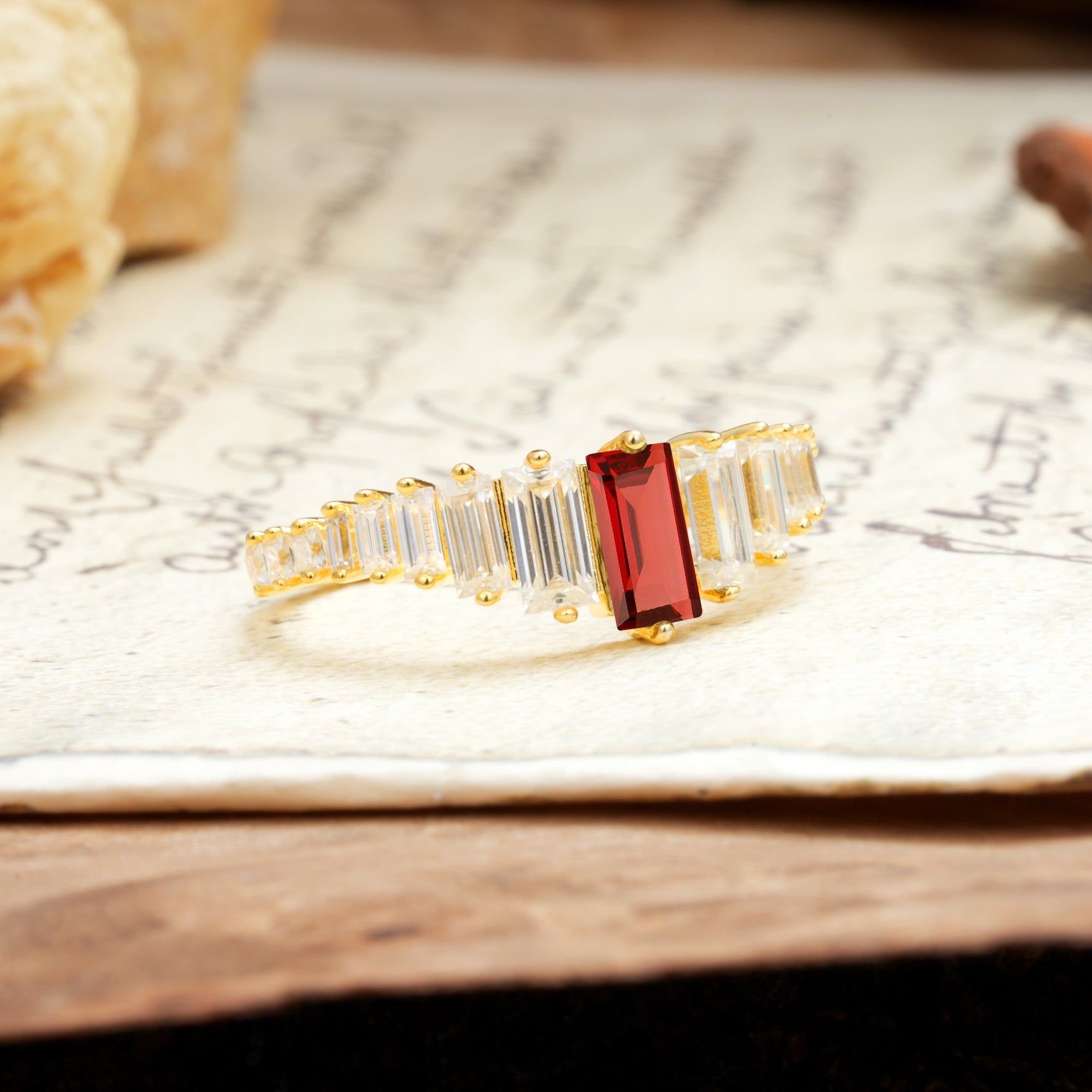 Luxurious Vintage 2-Prong Emerald Cut Garnet Wedding Ring - Additional view