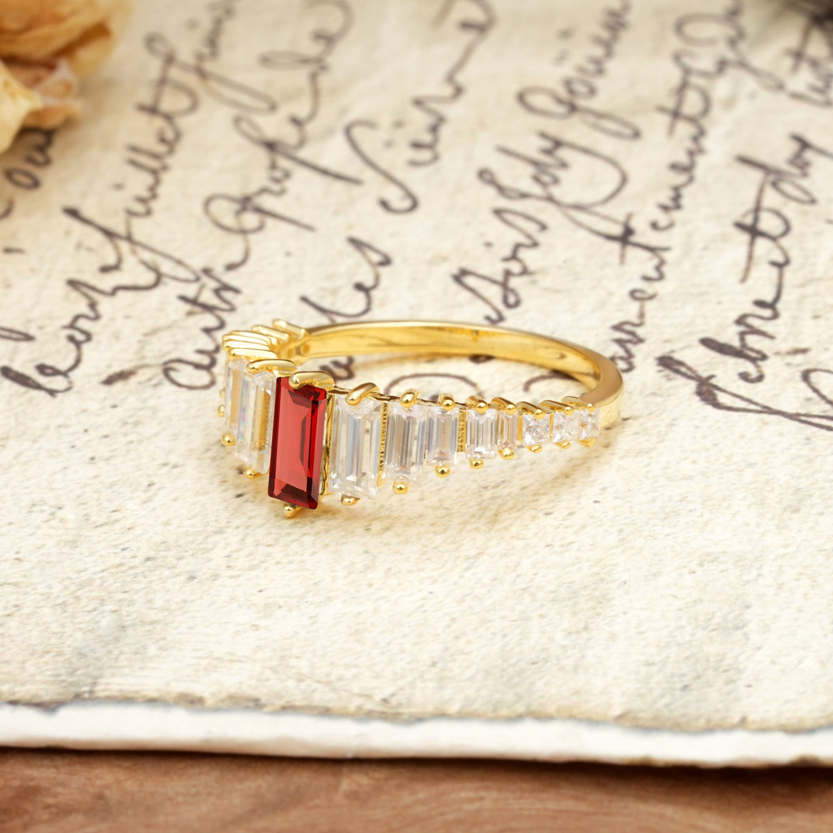 Luxurious Vintage 2-Prong Emerald Cut Garnet Wedding Ring - Additional view