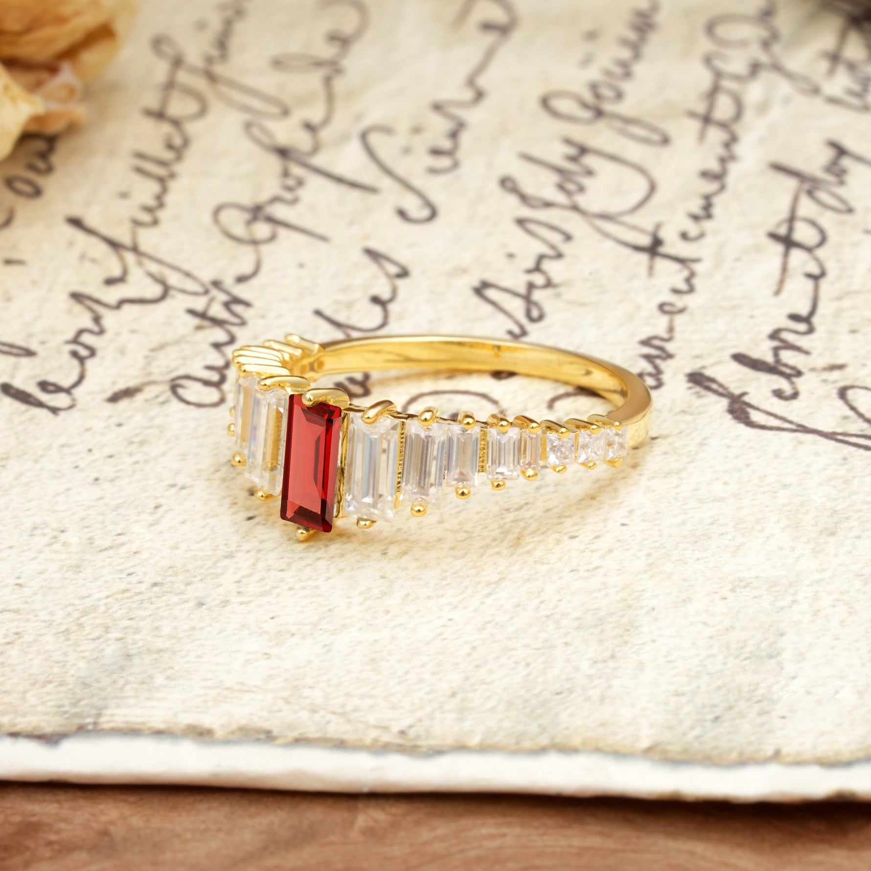 Luxurious Vintage 2-Prong Emerald Cut Garnet Wedding Ring - Additional view