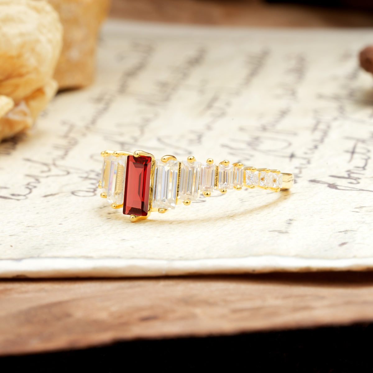 Luxurious Vintage 2-Prong Emerald Cut Garnet Wedding Ring - Additional view