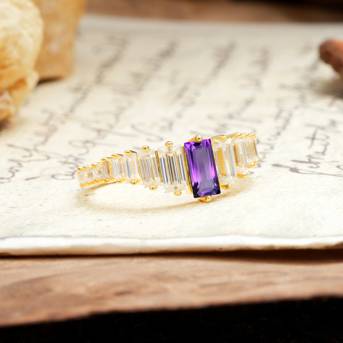 Luxurious Vintage 2-Prong Emerald Cut Amethyst Wedding Ring - Additional view