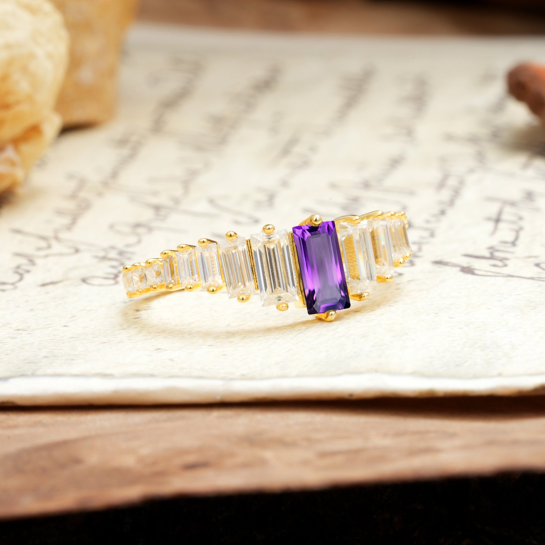 Luxurious Vintage 2-Prong Emerald Cut Amethyst Wedding Ring - Additional view
